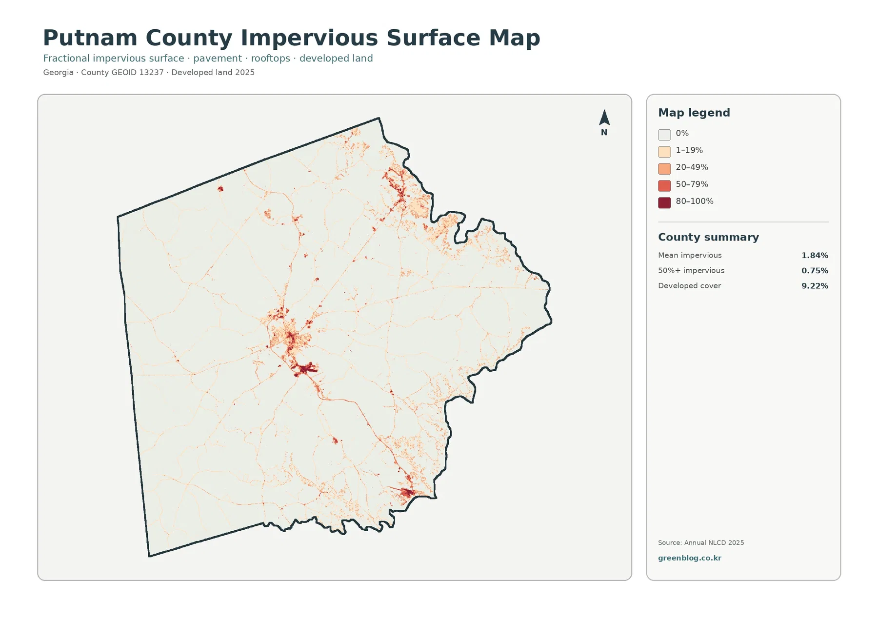 Putnam County impervious surface and developed land map