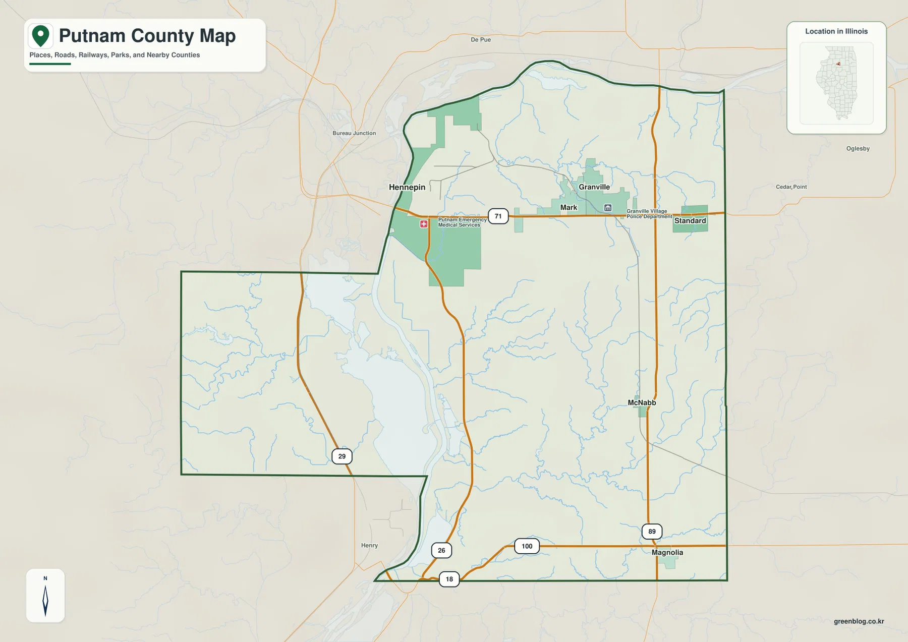 Hennepin, Granville, Mark, Standard, McNabb, Magnolia와 71·89·26·29·18·100번 도로를 보여 주는 일리노이주 Putnam County 지도