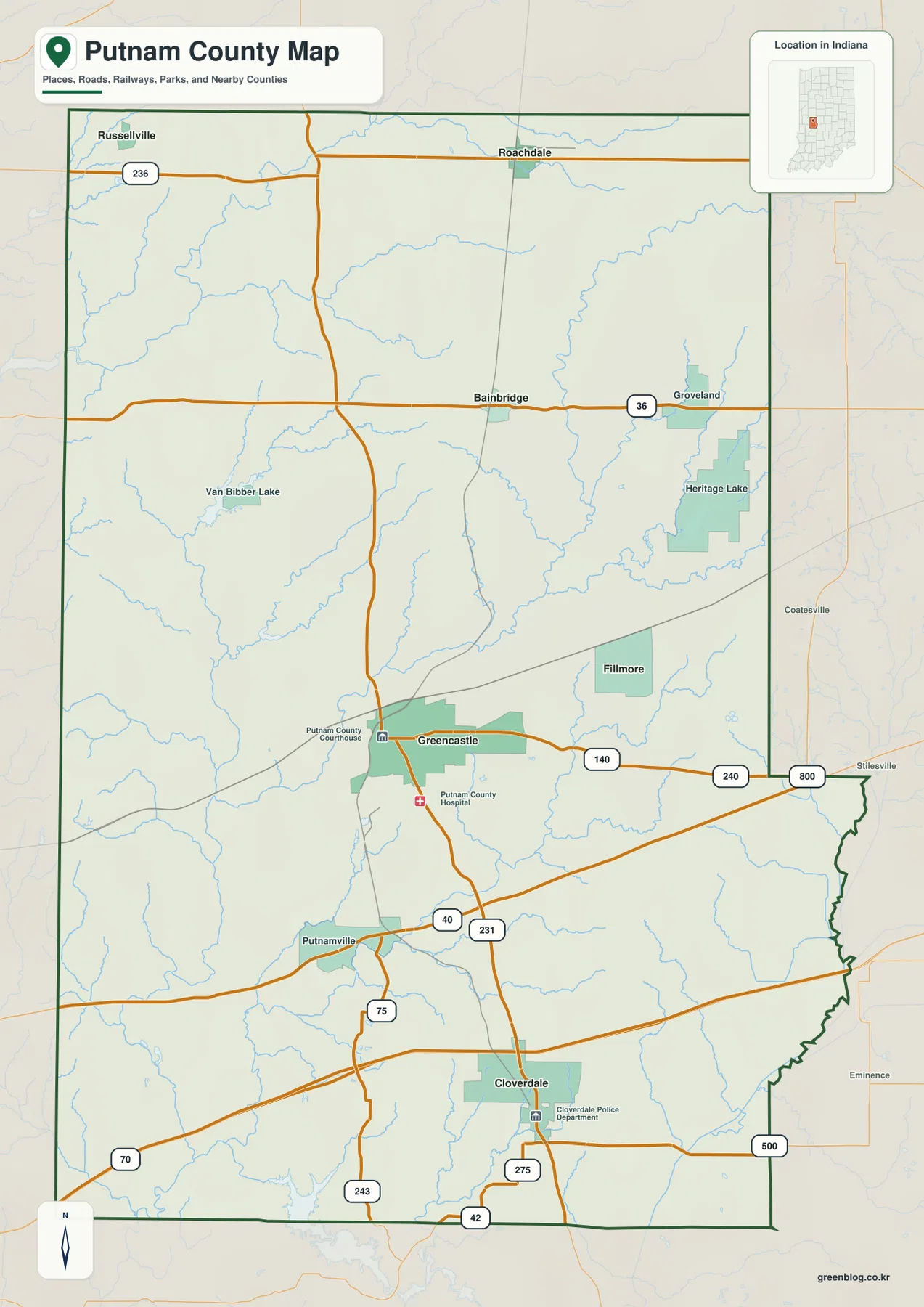 Putnam County 일반 지도에 Greencastle, Cloverdale, Bainbridge, Roachdale, US 40과 US 231이 표시된 모습