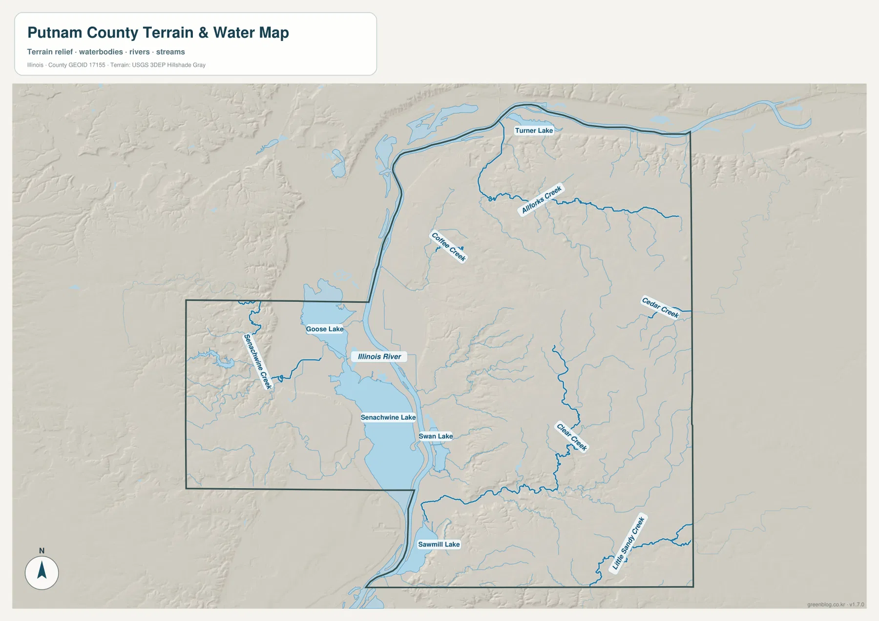 Illinois River, Senachwine Lake, Goose Lake, Swan Lake, Sawmill Lake, Turner Lake와 주요 creek를 표시한 Putnam County 지형·수역 지도