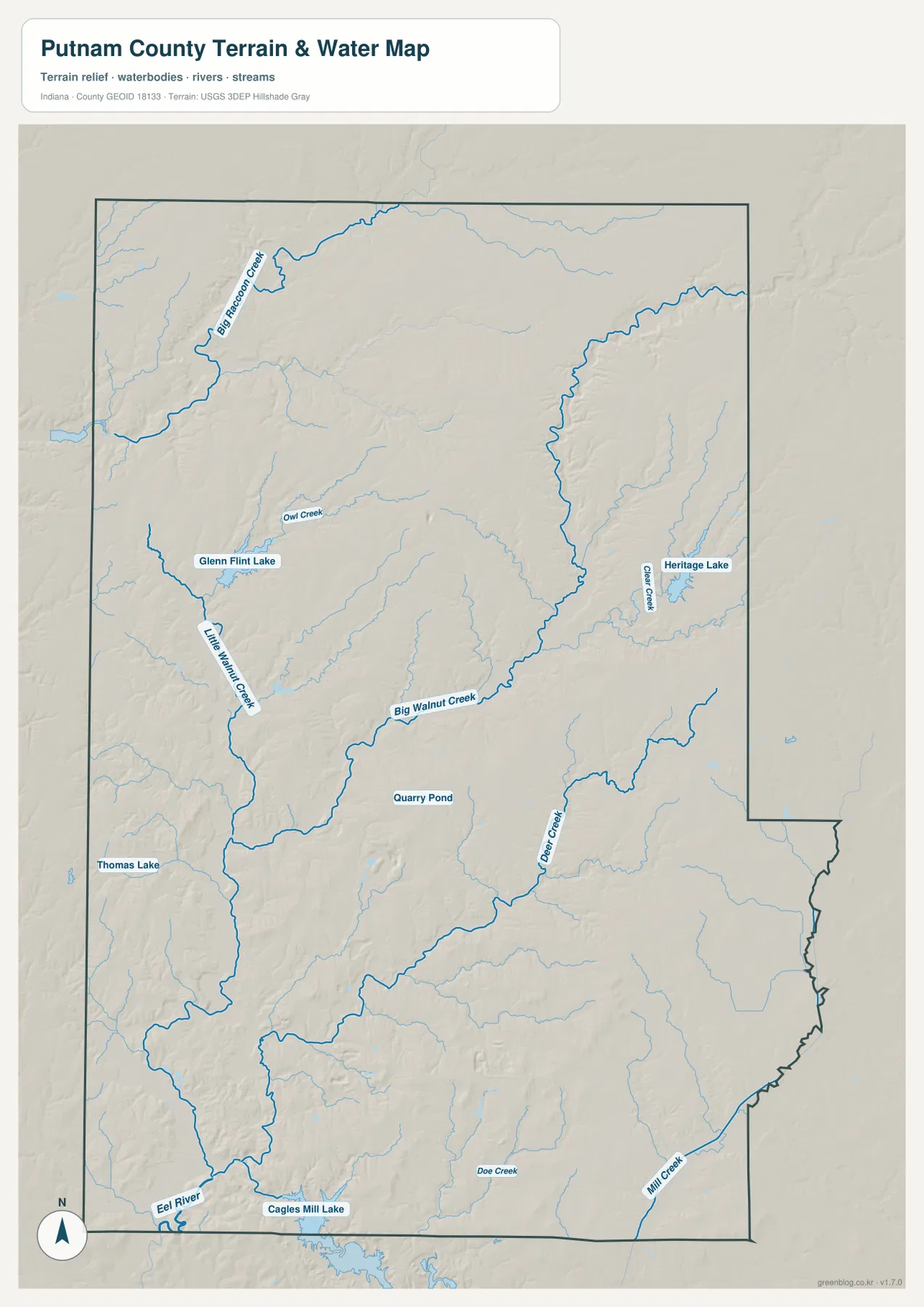 Putnam County 수역 지도에 Big Walnut Creek, Big Raccoon Creek, Clear Creek, Heritage Lake와 여러 작은 하천이 표시된 모습