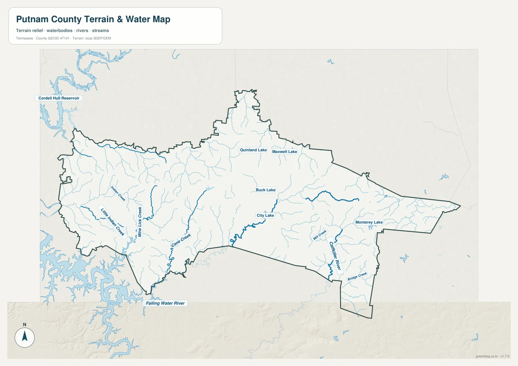 Putnam County water map with Falling Water River, Cane Creek, City Lake, Monterey Lake, and tributaries