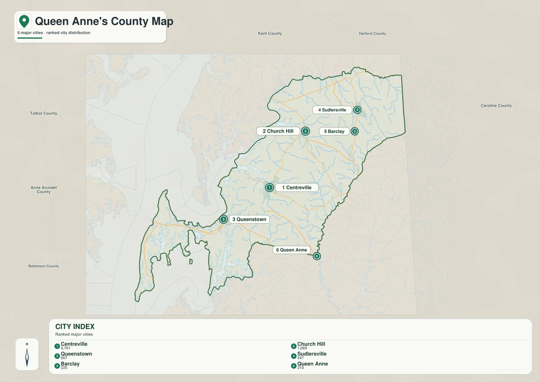 Queen Anne's County Maryland City Index 지도에서 Centreville, Church Hill, Queenstown, Sudlersville, Barclay, Queen Anne이 순위로 표시된 모습