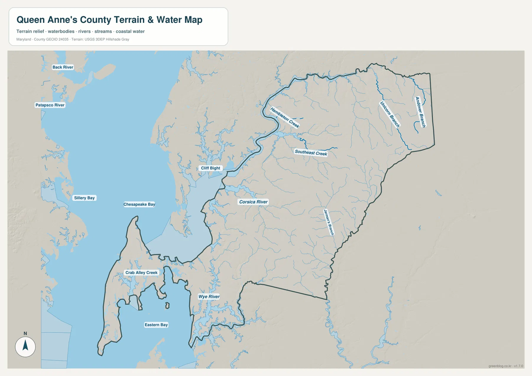 Queen Anne's County Maryland 수역 지도에 Chesapeake Bay, Eastern Bay, Corsica River, Wye River, Crab Alley Creek, Hambleton Creek, Southeast Creek, Unicorn Branch와 Andover Branch가 표시된 모습