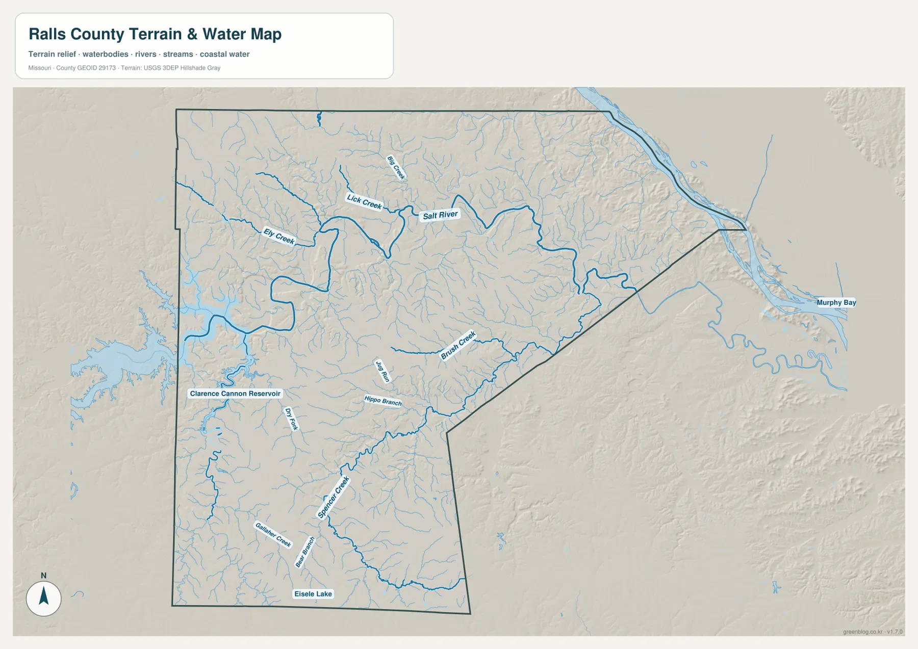 Salt River, Clarence Cannon Reservoir, Brush Creek, Spencer Creek, Lick Creek, Murphy Bay를 표시한 Ralls County 지형 수역 지도