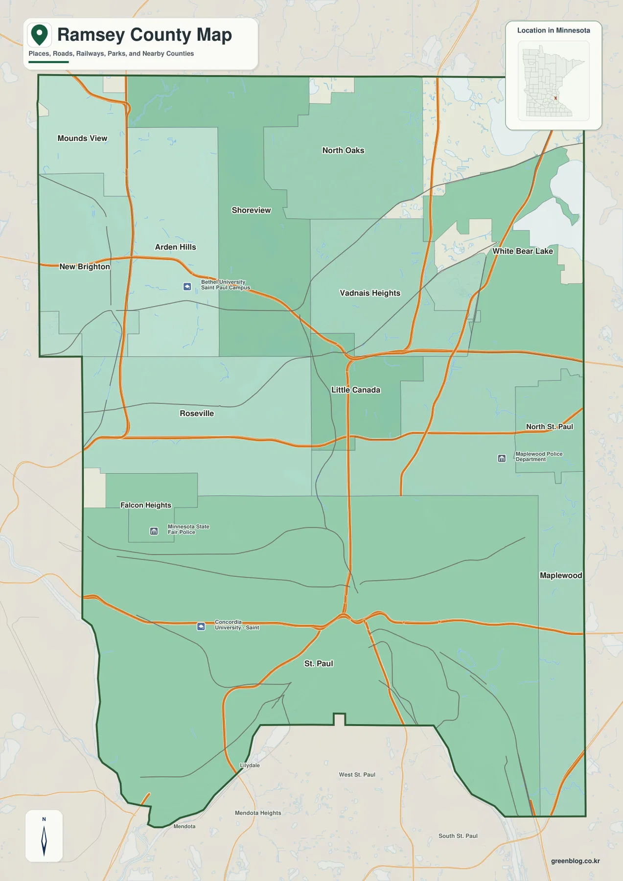 St. Paul, Roseville, Maplewood, Shoreview, White Bear Lake와 램지 카운티 경계를 표시한 지도