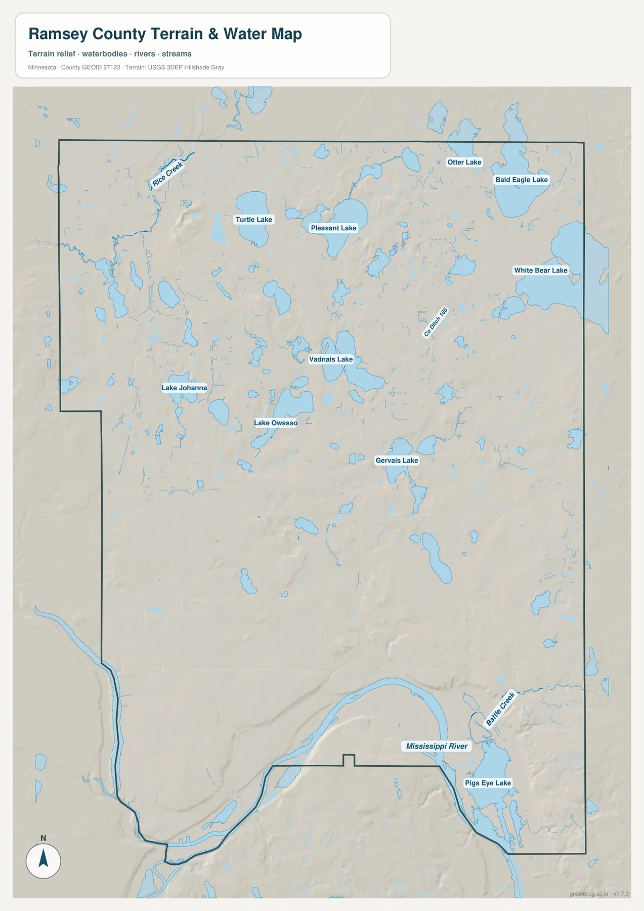 Mississippi River, White Bear Lake, Bald Eagle Lake, Vadnais Lake와 여러 수역을 표시한 램지 카운티 수역 지도