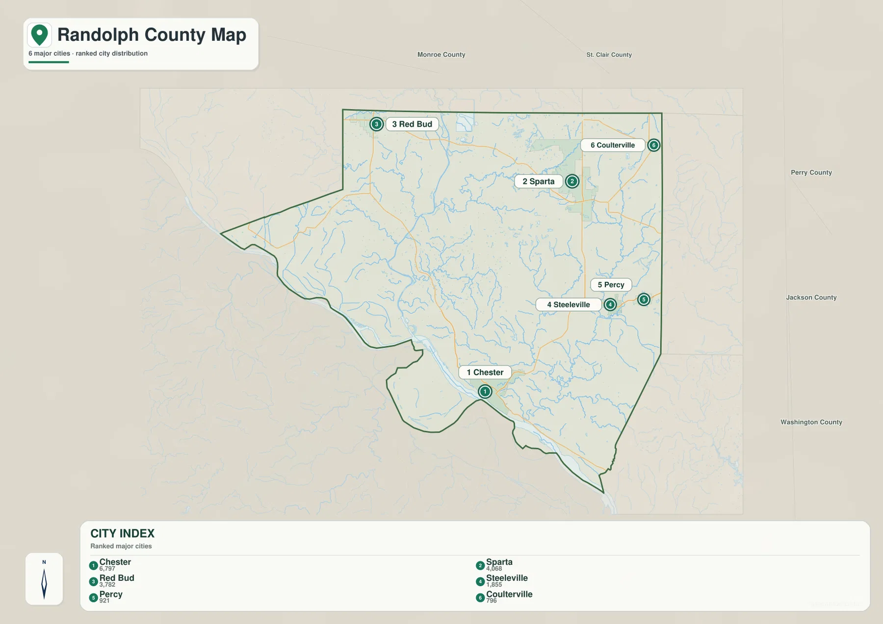 Chester, Sparta, Red Bud, Steeleville, Percy, Coulterville의 순위와 위치를 보여 주는 Randolph County 주요 정착지 지도