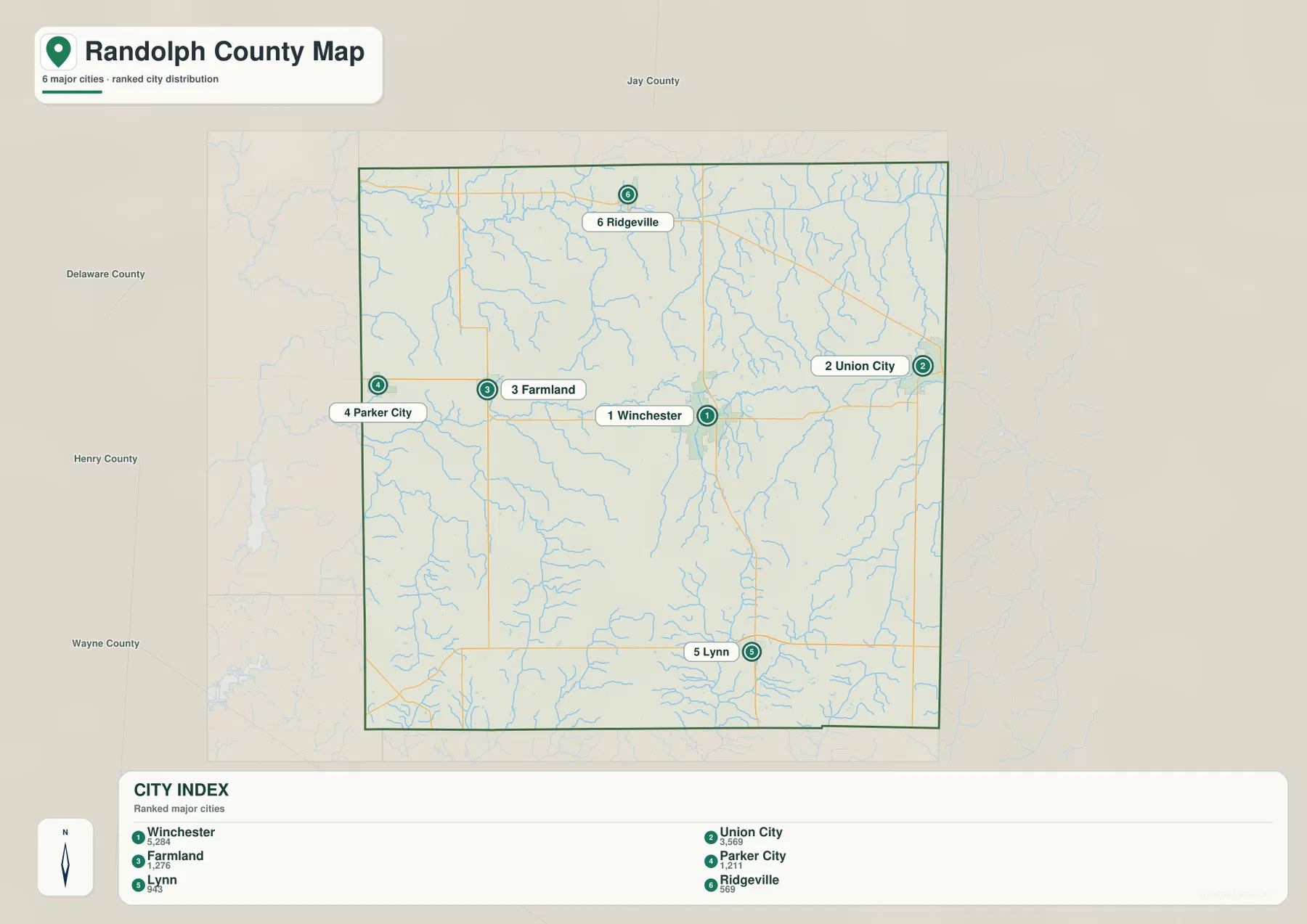 Randolph County 도시 지도에서 Winchester를 중심으로 Union City, Farmland, Parker City, Lynn, Ridgeville이 표시된 모습