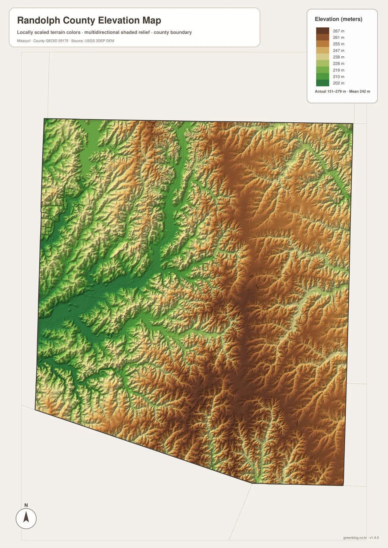 Randolph County elevation map showing 151 to 279 meter relief, low Chariton tributary valleys, and higher eastern and southeastern ridges