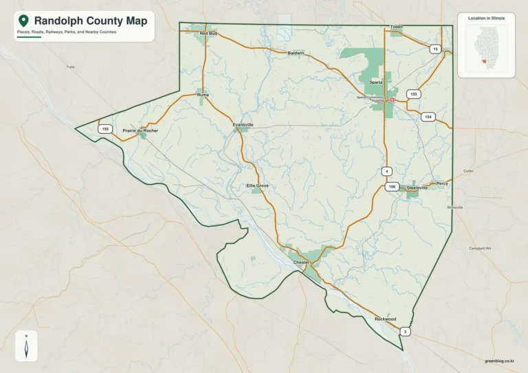 일리노이주 랜돌프 카운티(Randolph County) 지도에서 보는 Mississippi·Kaskaskia 강과 내륙 구릉