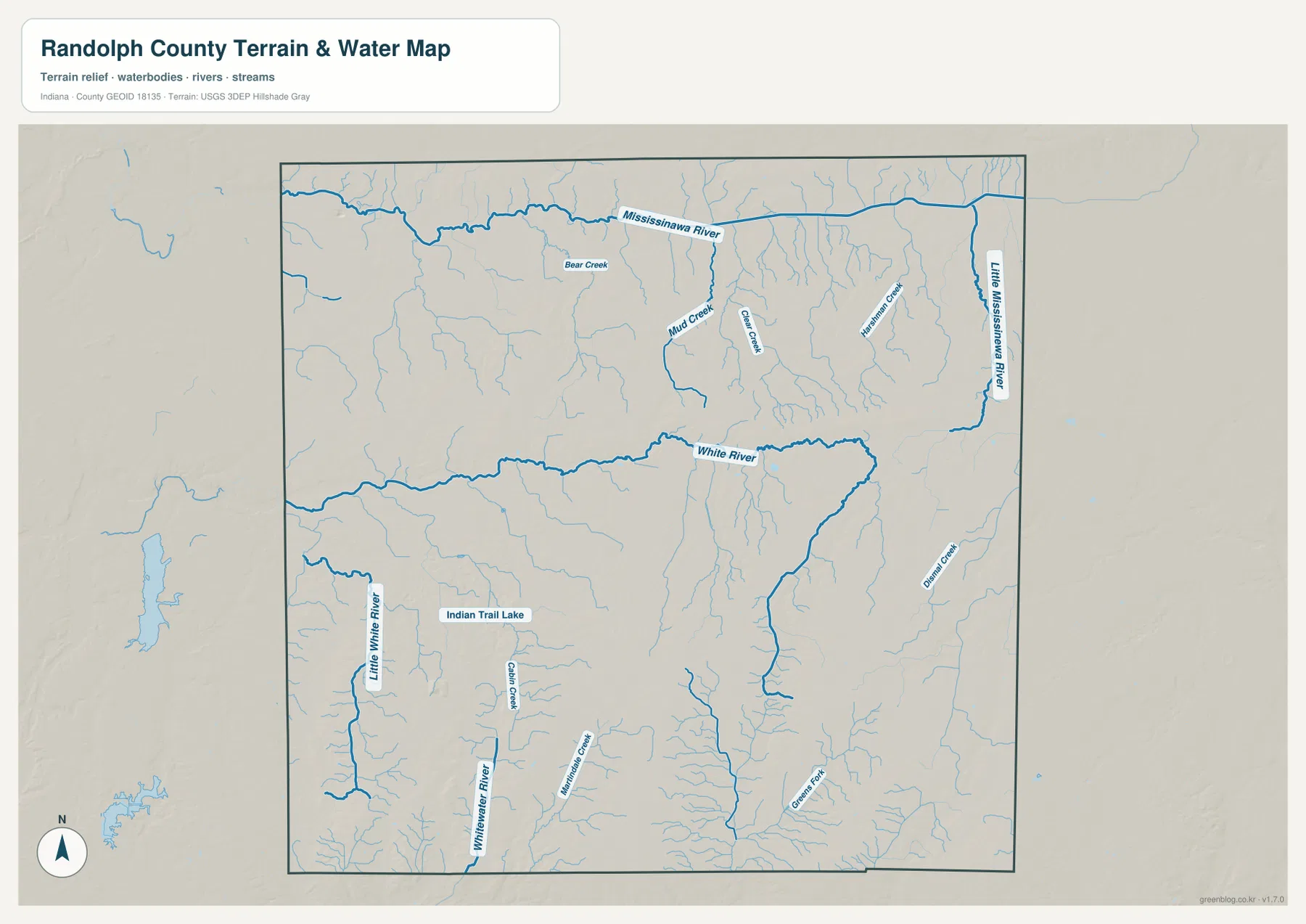 Randolph County 수역 지도에 Mississinawa River, White River, Little Mississinawa River, Little White River와 Whitewater River가 표시된 모습