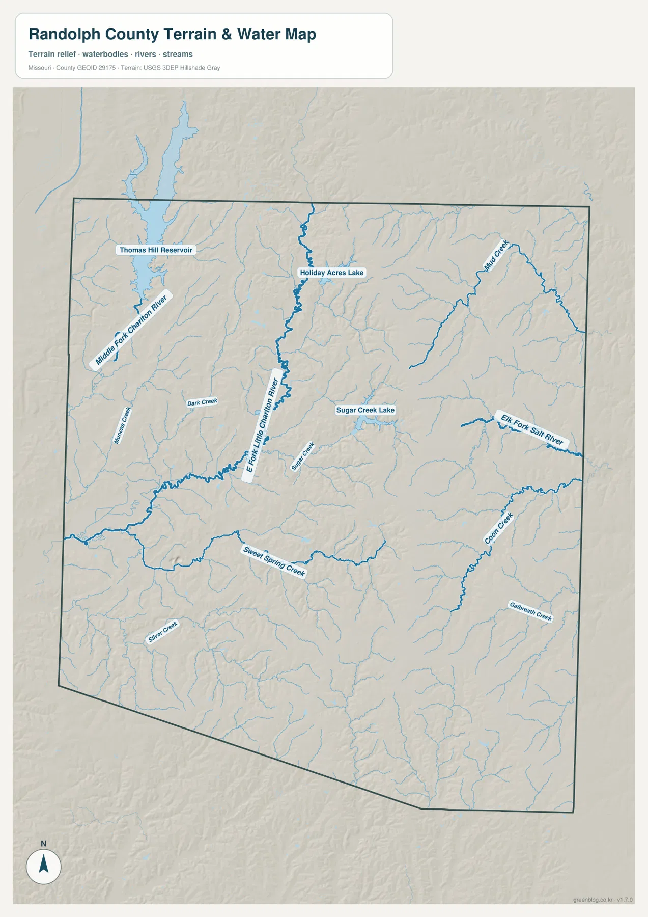 Randolph County terrain and water map showing Middle Fork Chariton River, East Fork Little Chariton River, Mud Creek, Elk Fork Salt River, and Sugar Creek Lake