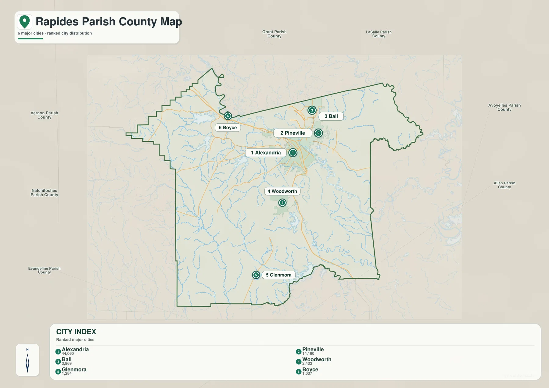 Alexandria, Pineville, Ball, Woodworth, Glenmora, Boyce의 순위를 보여 주는 Rapides Parish 도시 인덱스 지도