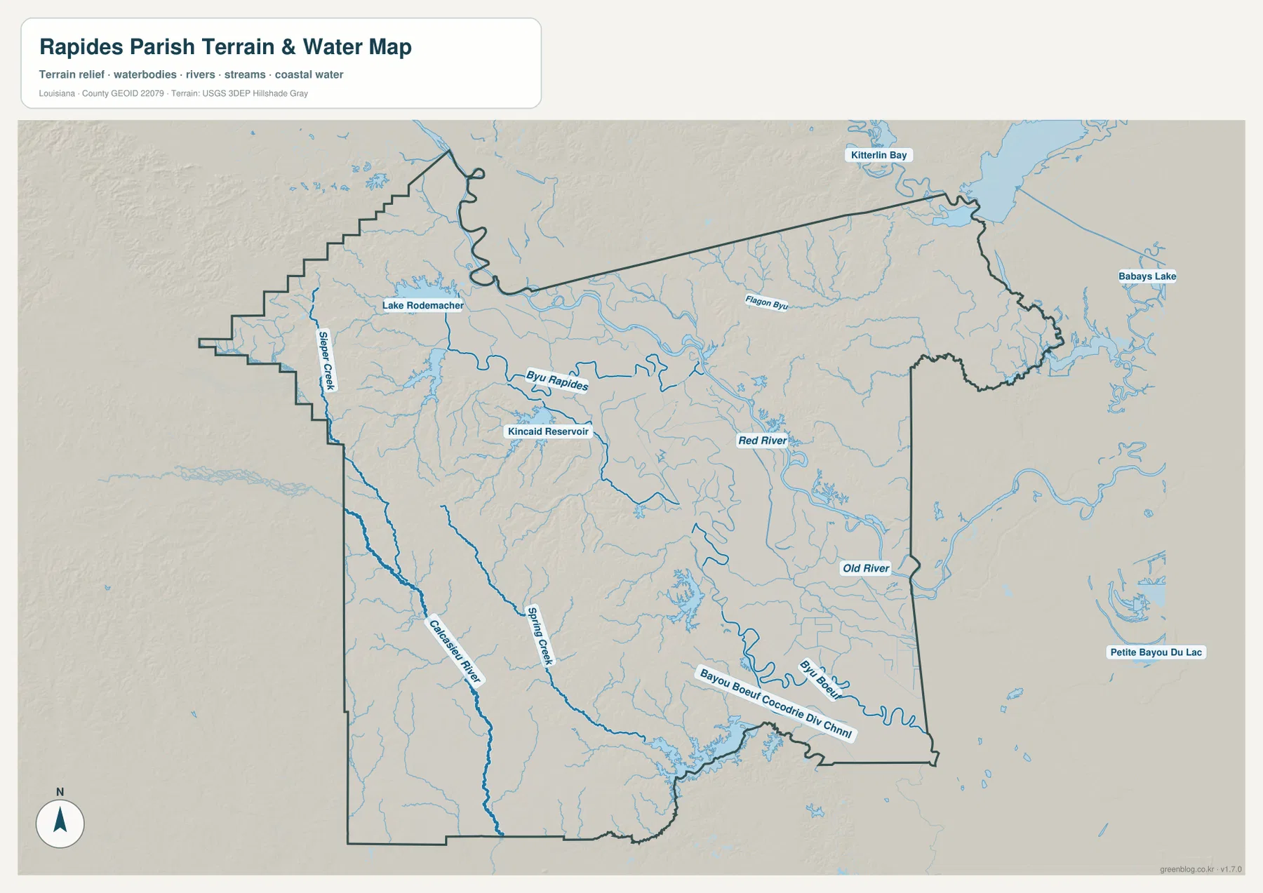 Red River, Bayou Rapides, Kincaid Reservoir, Lake Rodemacher, Calcasieu River, Bayou Boeuf를 보여 주는 Rapides Parish 수역 지도