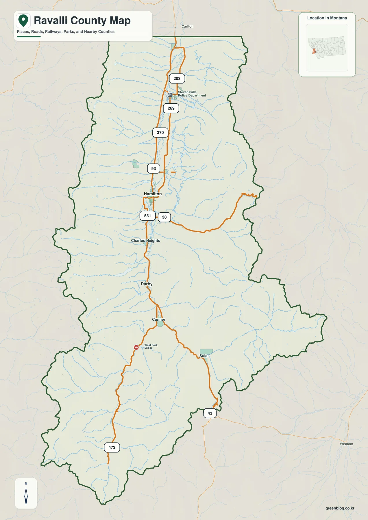 Stevensville, Hamilton, Darby, Conner, Sula와 U.S. 93 및 203·269·370·531·38·43·473번 도로를 표시한 Ravalli County 지도