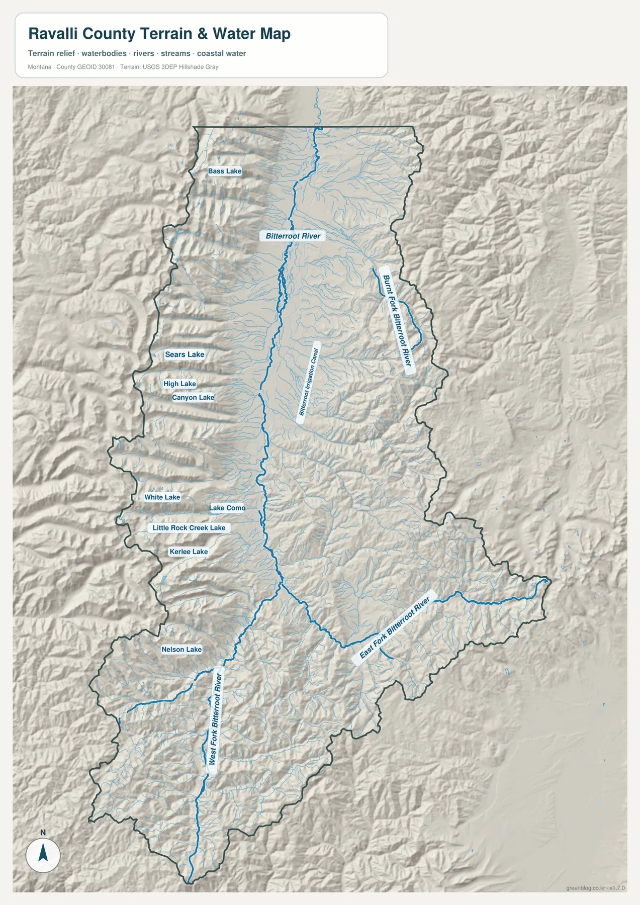 Bitterroot River, West Fork와 East Fork Bitterroot River, Burnt Fork Bitterroot River와 주요 산악 호수를 표시한 Ravalli County 수역 지형 지도