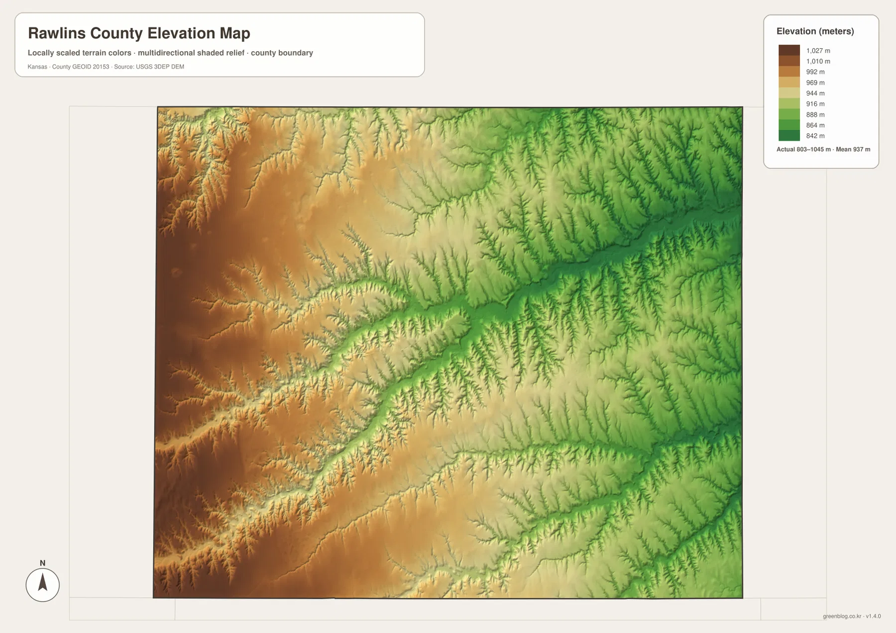 Rawlins County Kansas elevation map showing 803 to 1045 meter High Plains relief, high western uplands and lower Beaver and Sappa Creek valleys