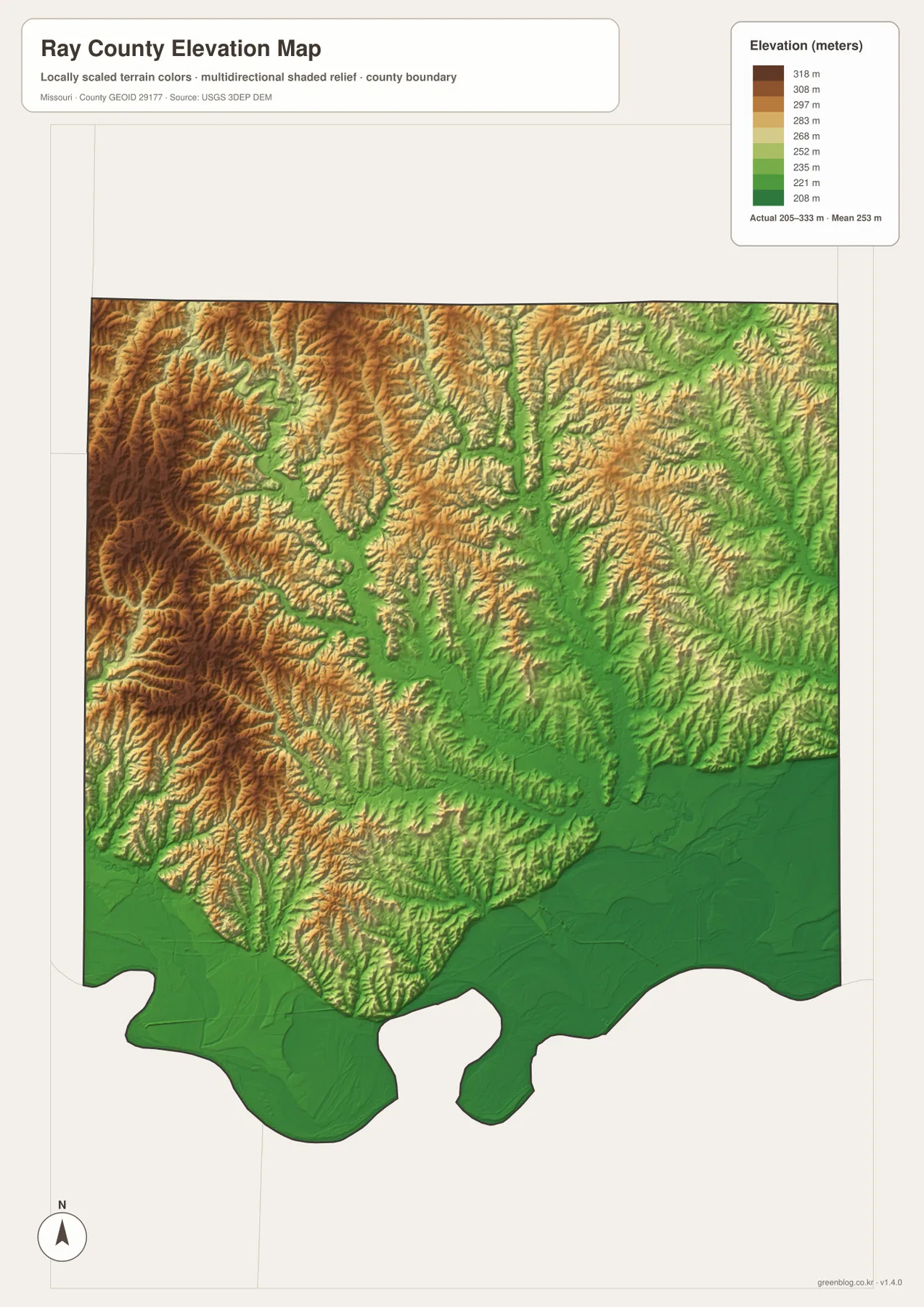 205~333m 고도 범위와 북서부 고지, Crooked River 골짜기, 남부 Missouri River 저지를 보여 주는 Ray County 고도 지도