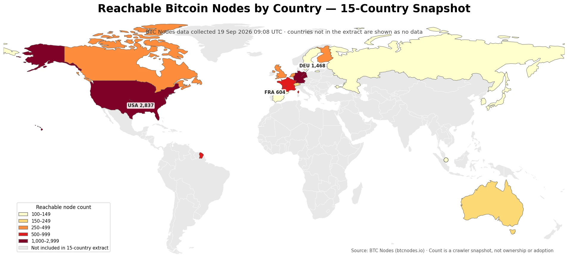 Map of reachable Bitcoin node counts in the 15 countries included in the 2026 snapshot