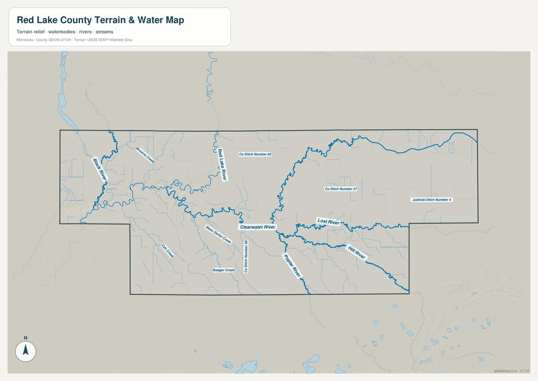 Red Lake River, Clearwater River, Lost River, Hill River와 여러 지류를 표시한 레드레이크 카운티 수역 지도