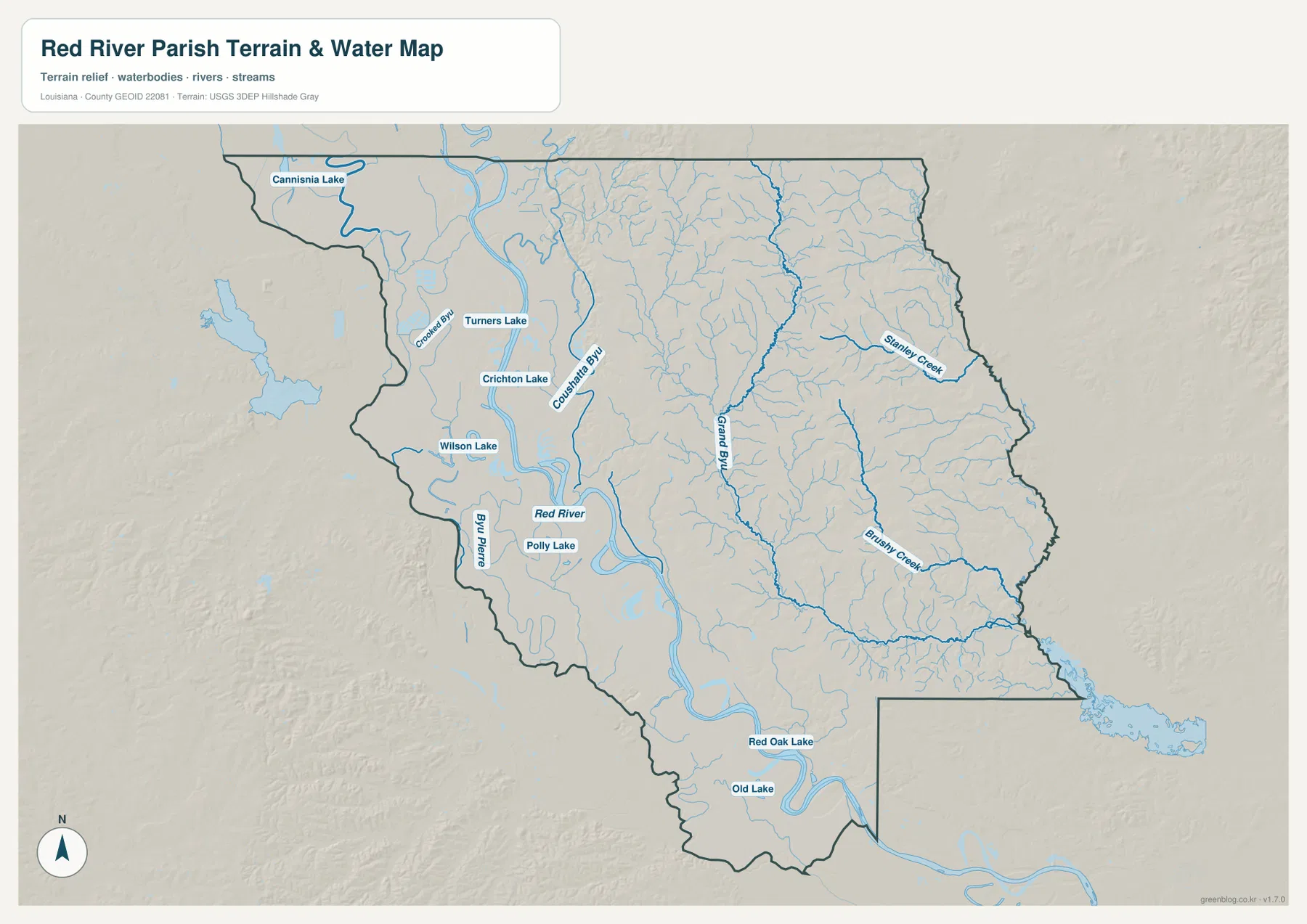 Red River, Grand Bayou, Coushatta Bayou, Stanley Creek, Brushy Creek와 Turners Lake, Crichton Lake, Wilson Lake, Polly Lake를 보여 주는 Red River Parish 수역 지도