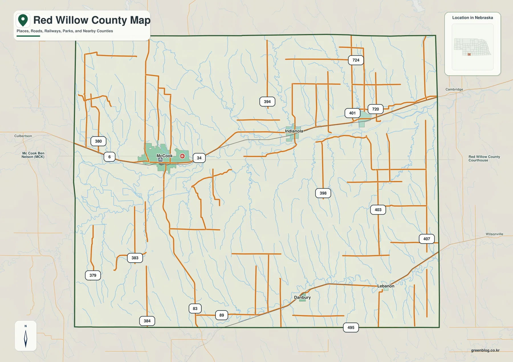McCook, Indianola, Bartley, Danbury, Lebanon과 주요 도로를 표시한 Red Willow County 지도