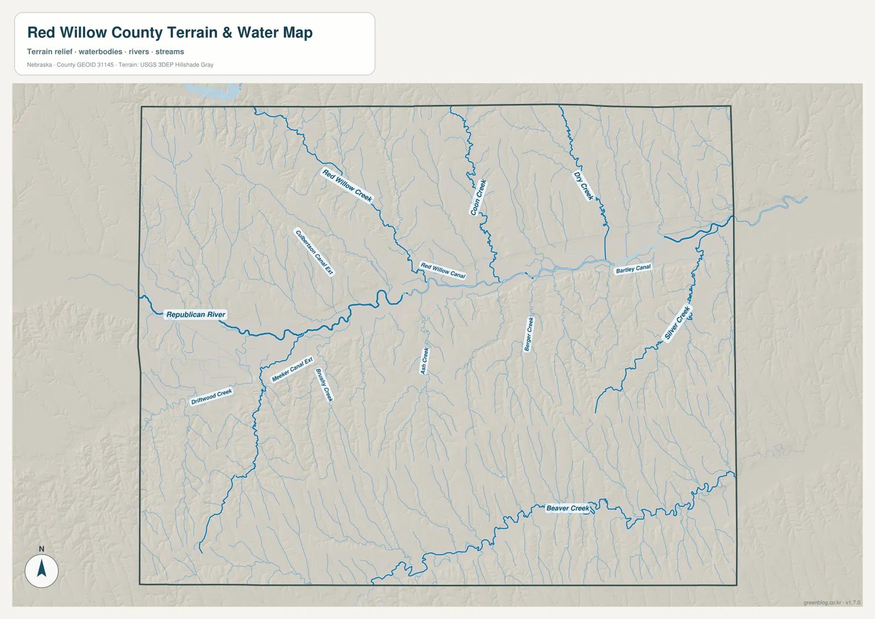 Republican River, Red Willow Creek, Coon Creek, Dry Creek, Silver Creek, Beaver Creek를 표시한 Red Willow County 강과 하천 지도