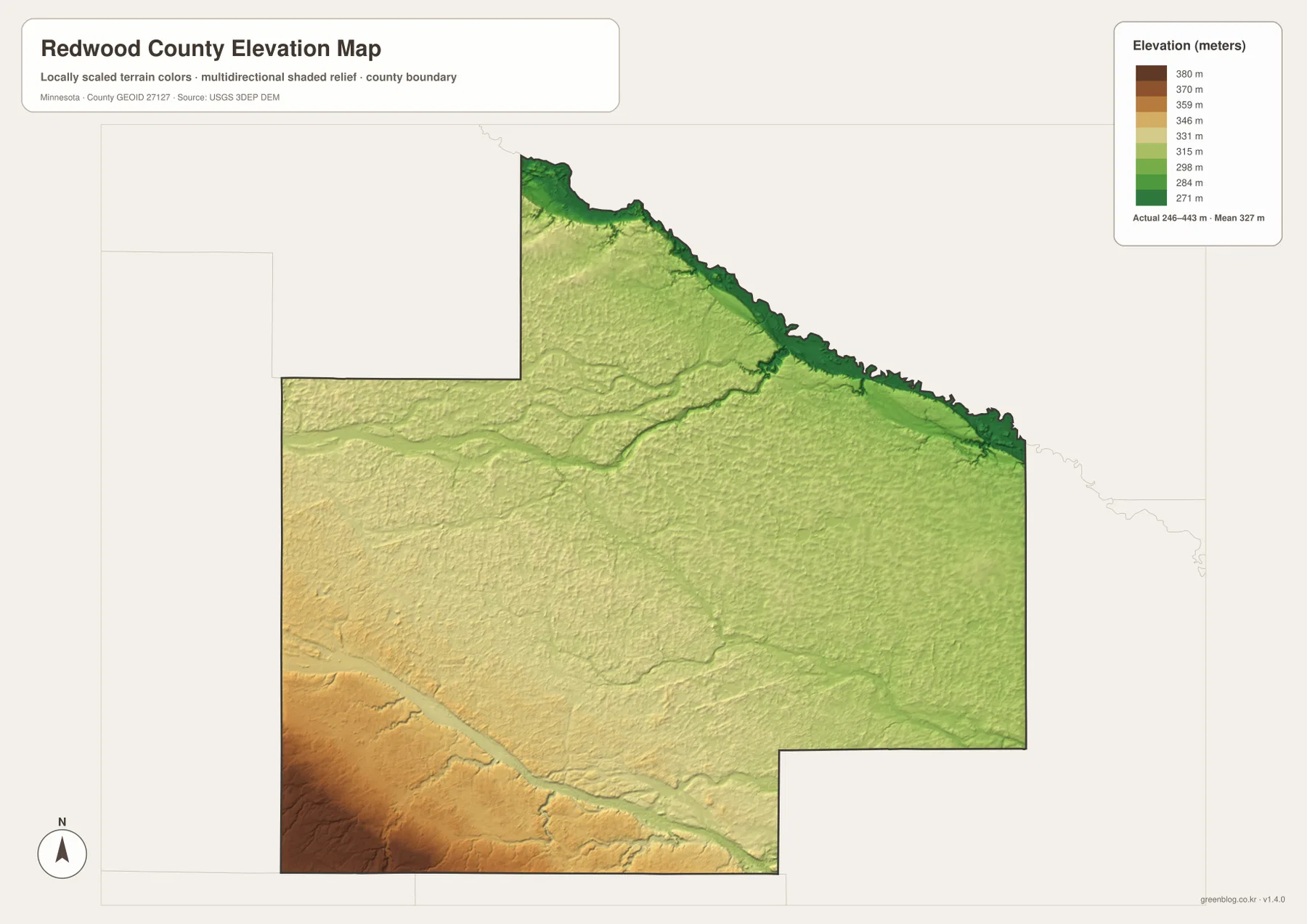 Redwood County elevation map showing higher southwest terrain and lower Minnesota, Redwood and Cottonwood river valleys