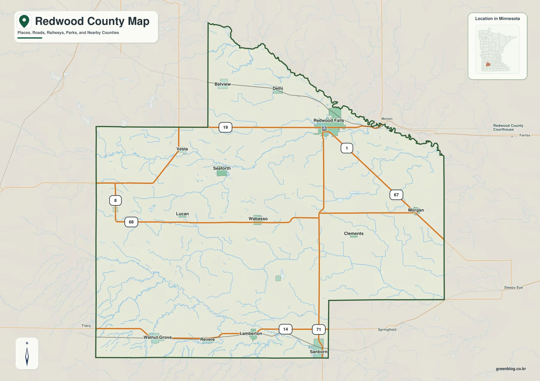 Redwood County map showing Redwood Falls, Morgan, Wabasso, Walnut Grove, major highways and the county boundary