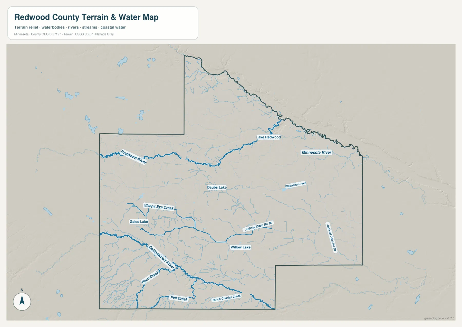 Redwood County terrain and water map showing the Minnesota River, Redwood River, Cottonwood River, Lake Redwood and smaller waterways