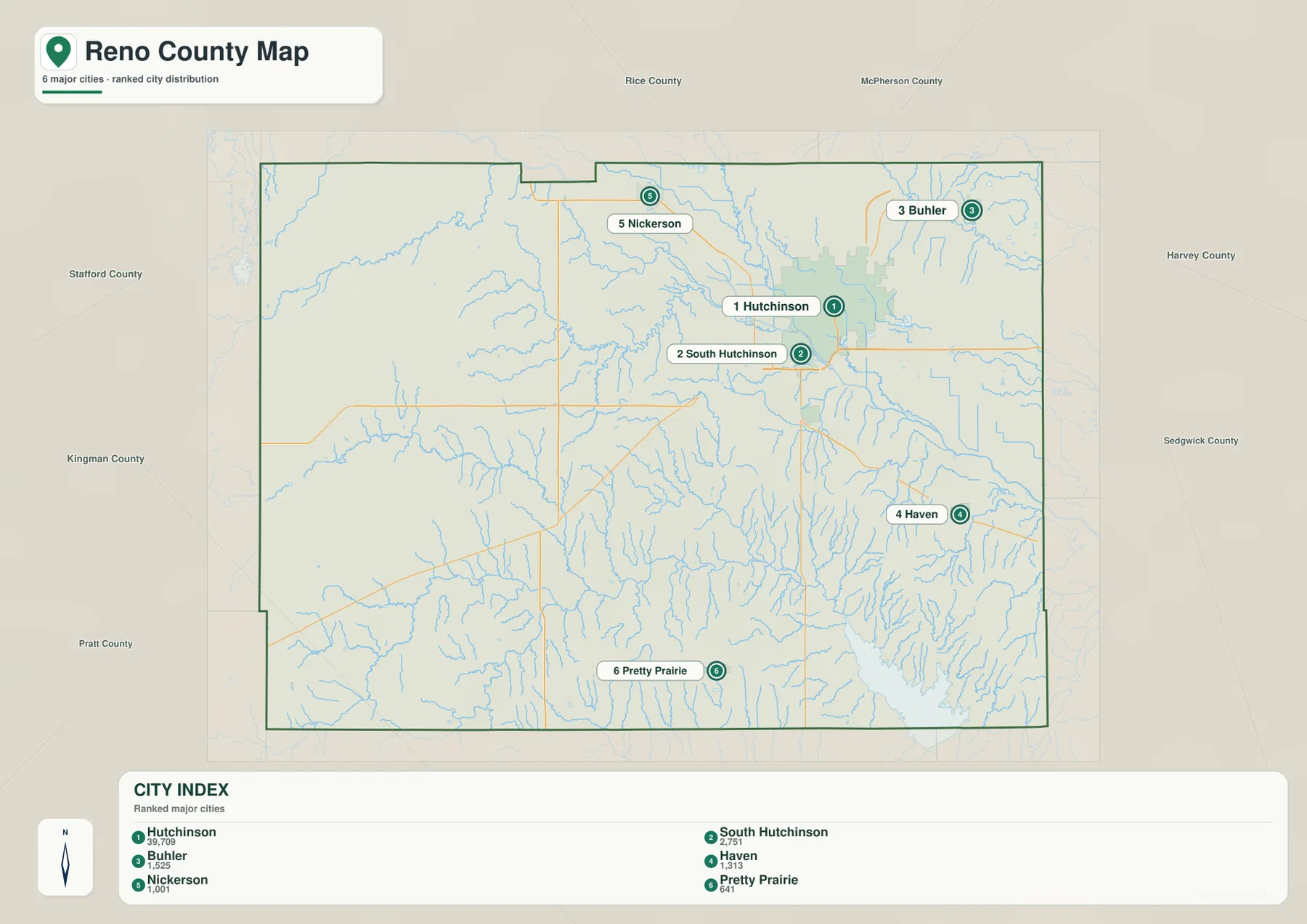 Reno County Kansas city map showing Hutchinson, South Hutchinson, Buhler, Haven, Nickerson and Pretty Prairie