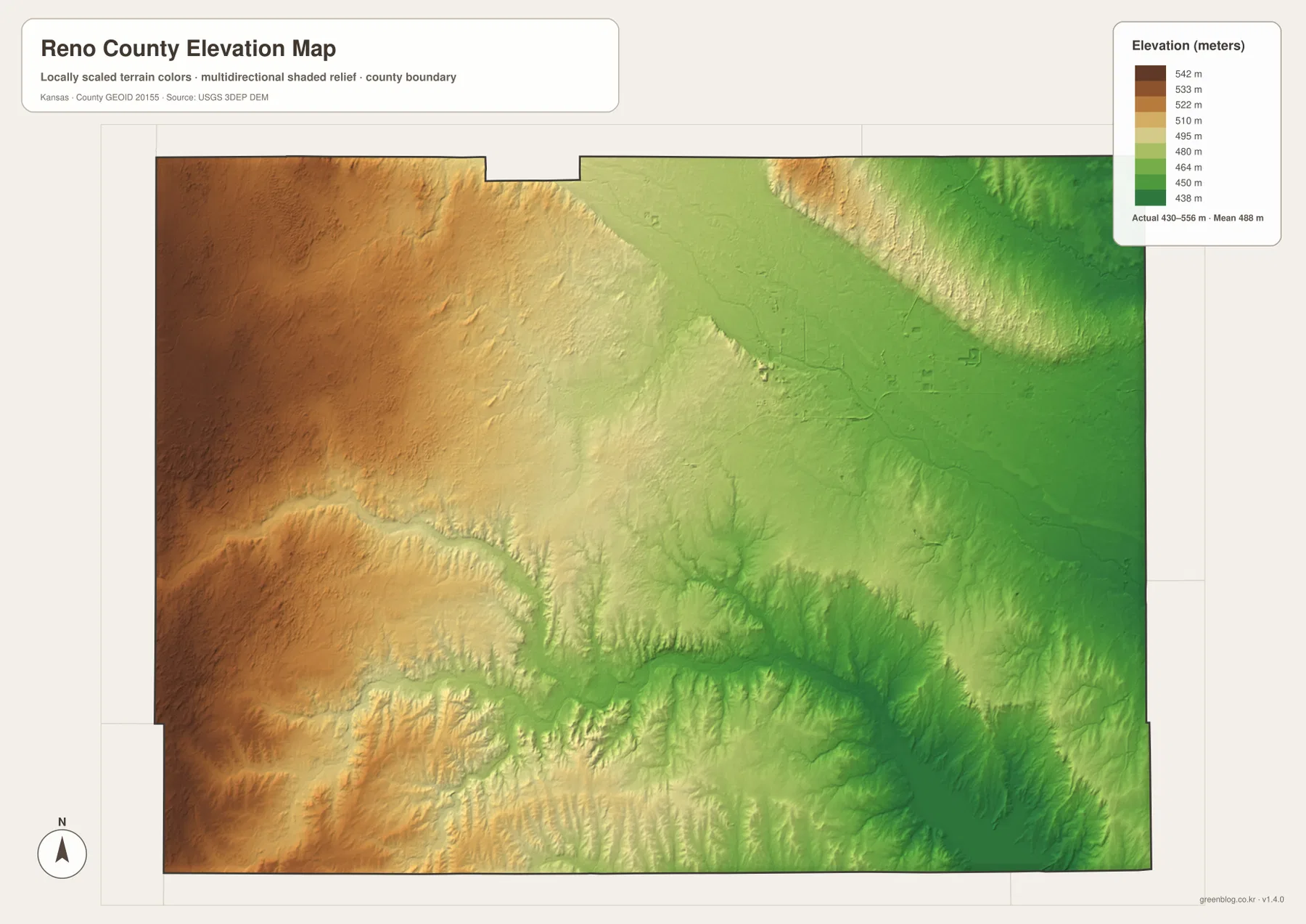 Reno County Kansas elevation map showing 430 to 556 meter relief, higher western uplands and lower Arkansas and Ninnescah river valleys