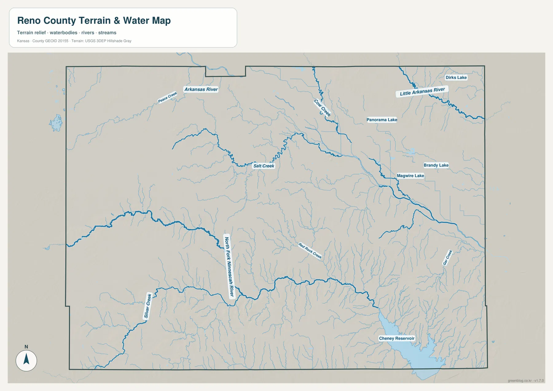 리노 카운티 Arkansas River, Little Arkansas River, Cow Creek, Salt Creek, North Fork Ninnescah River와 Cheney Reservoir 수역 지도