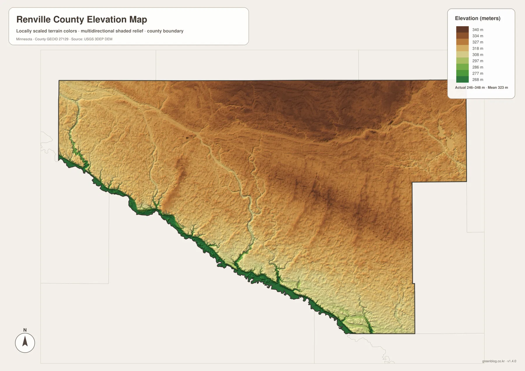 Renville County elevation map showing higher northern terrain and the low Minnesota River valley
