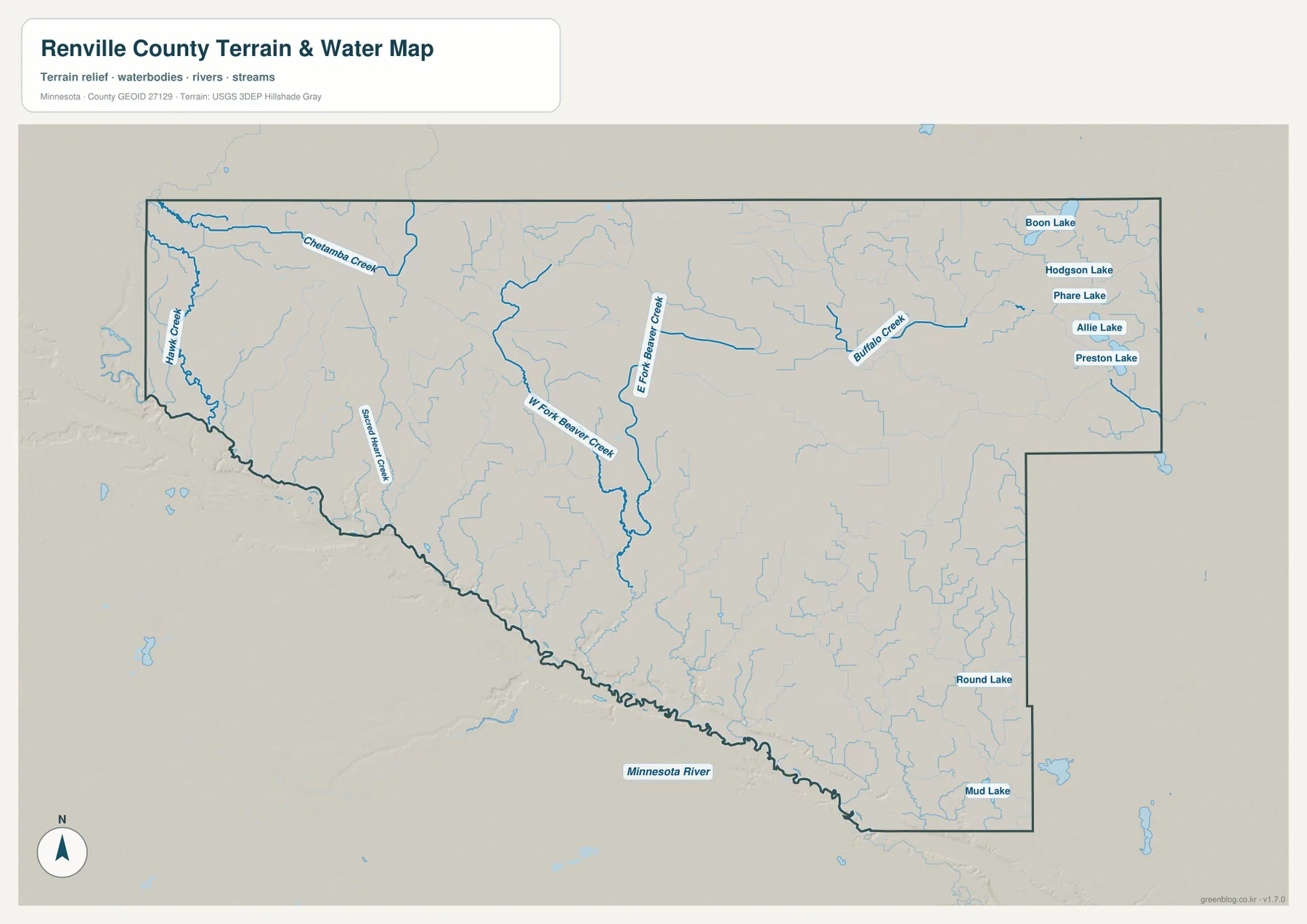 Renville County terrain and water map showing the Minnesota River, Beaver Creek, Hawk Creek, Buffalo Creek, and lakes