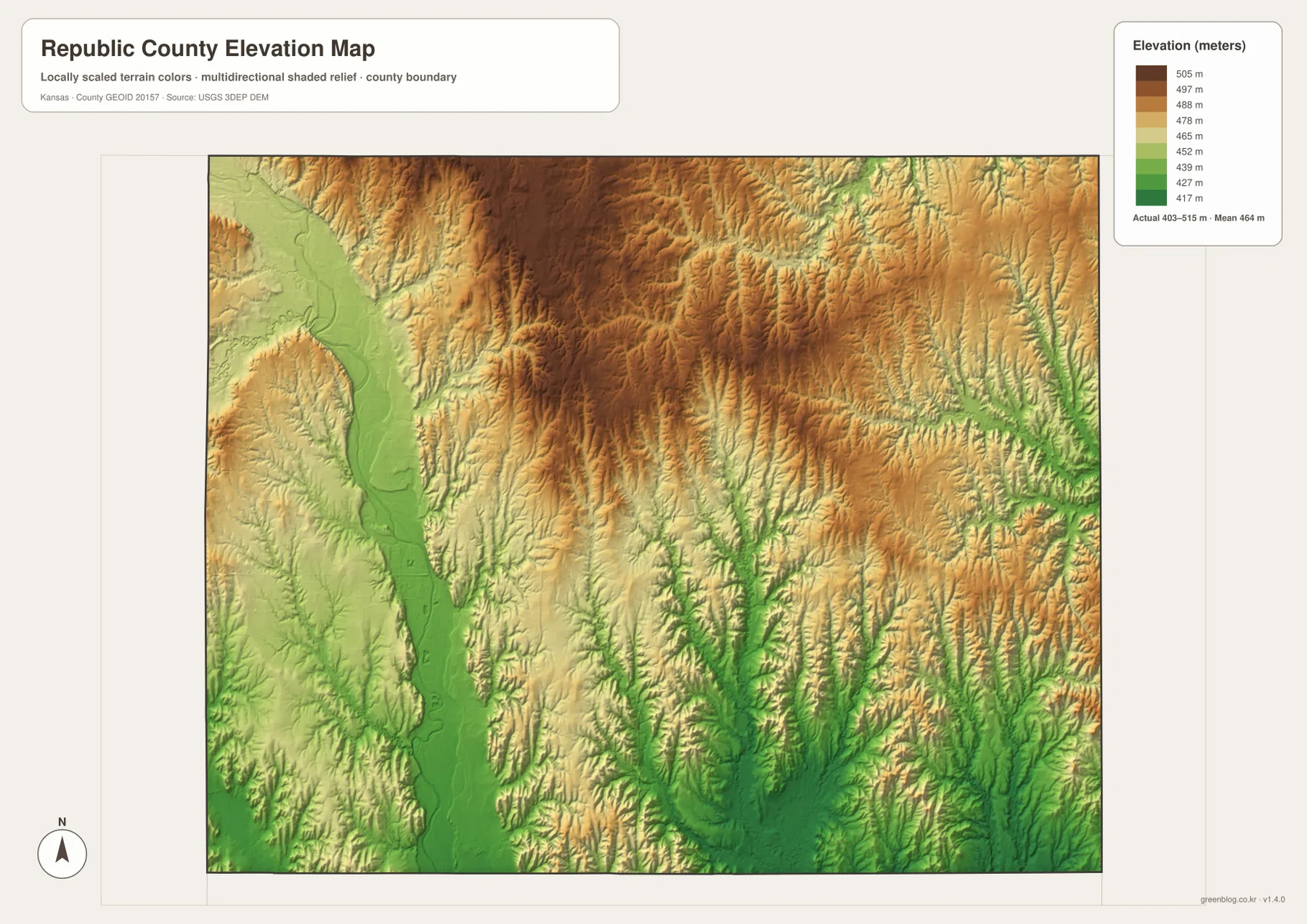Republic County Kansas elevation map showing 403 to 515 meter relief, Republican River lowlands and higher northern uplands