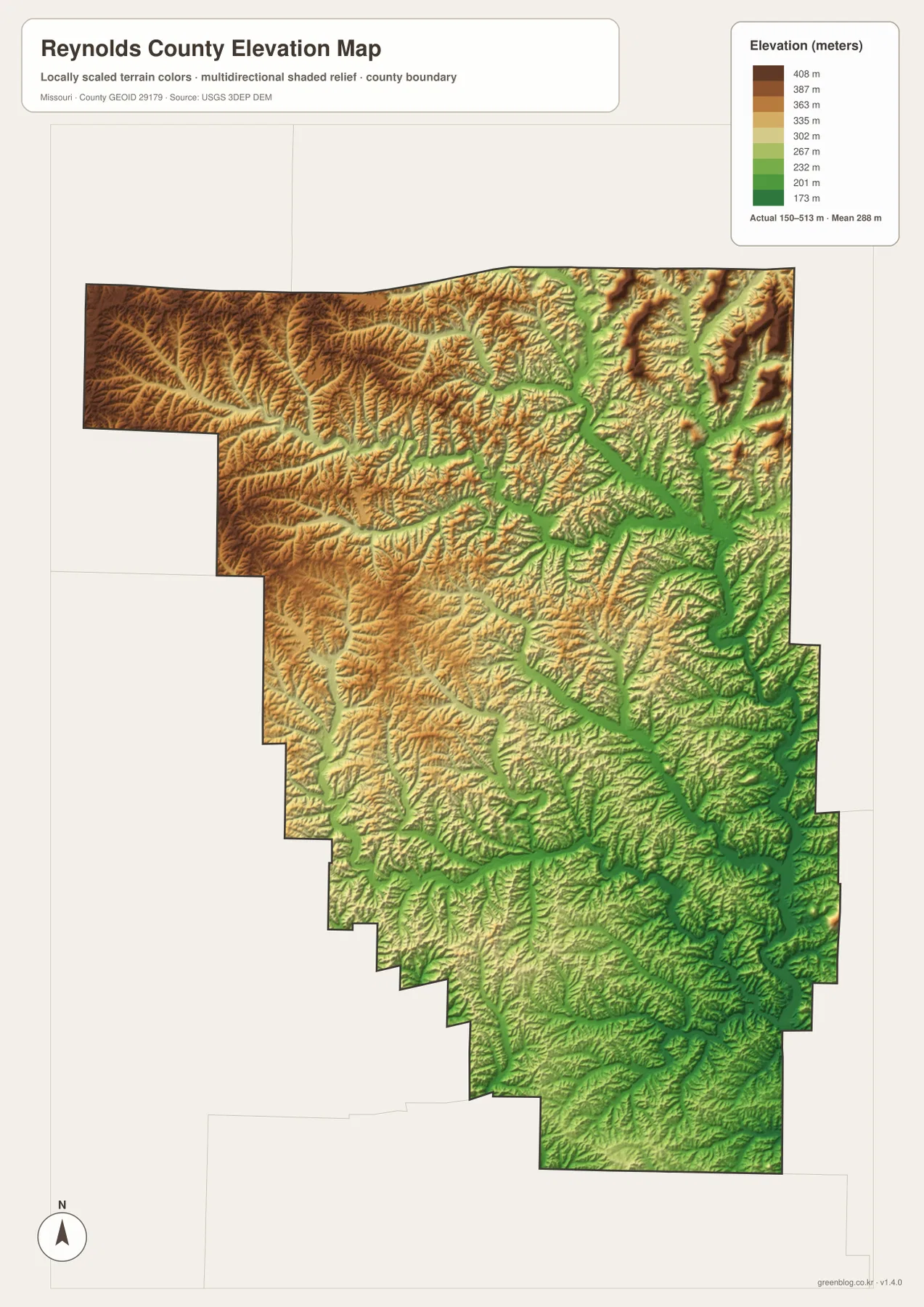 Reynolds County elevation map showing 150 to 513 meter relief, high western ridges, and low Black River valleys