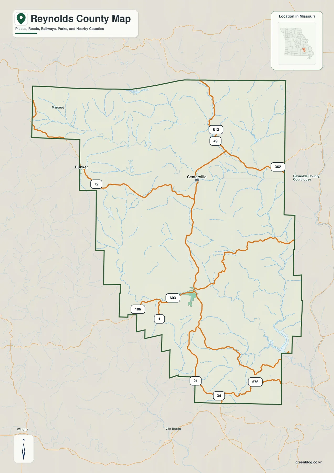 Reynolds County Missouri map showing Ellington, Centerville, Bunker, Routes 21, 49, 72, and 106