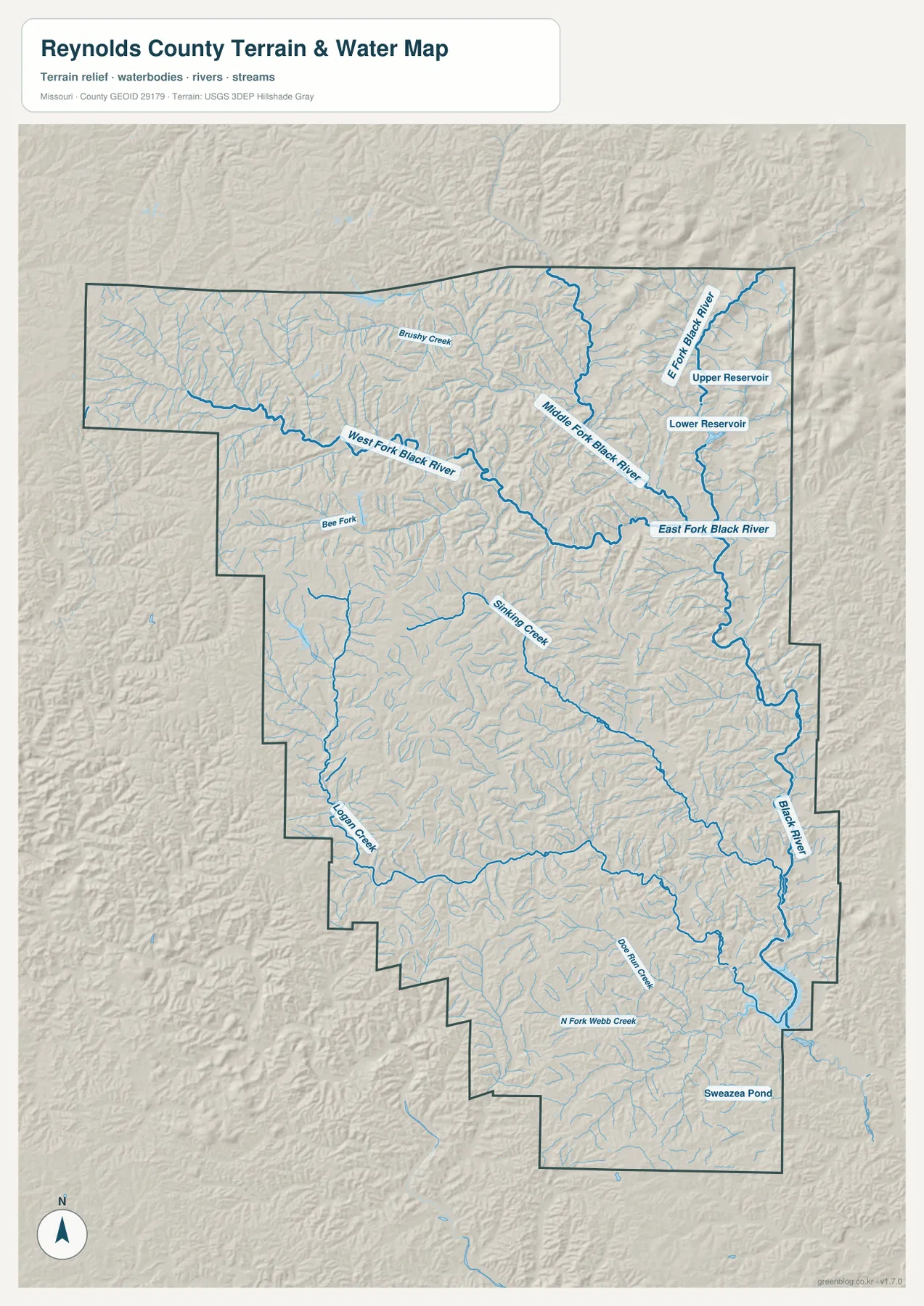 Reynolds County terrain and water map showing East Fork Black River, Middle Fork Black River, West Fork Black River, Sinking Creek, and Logan Creek