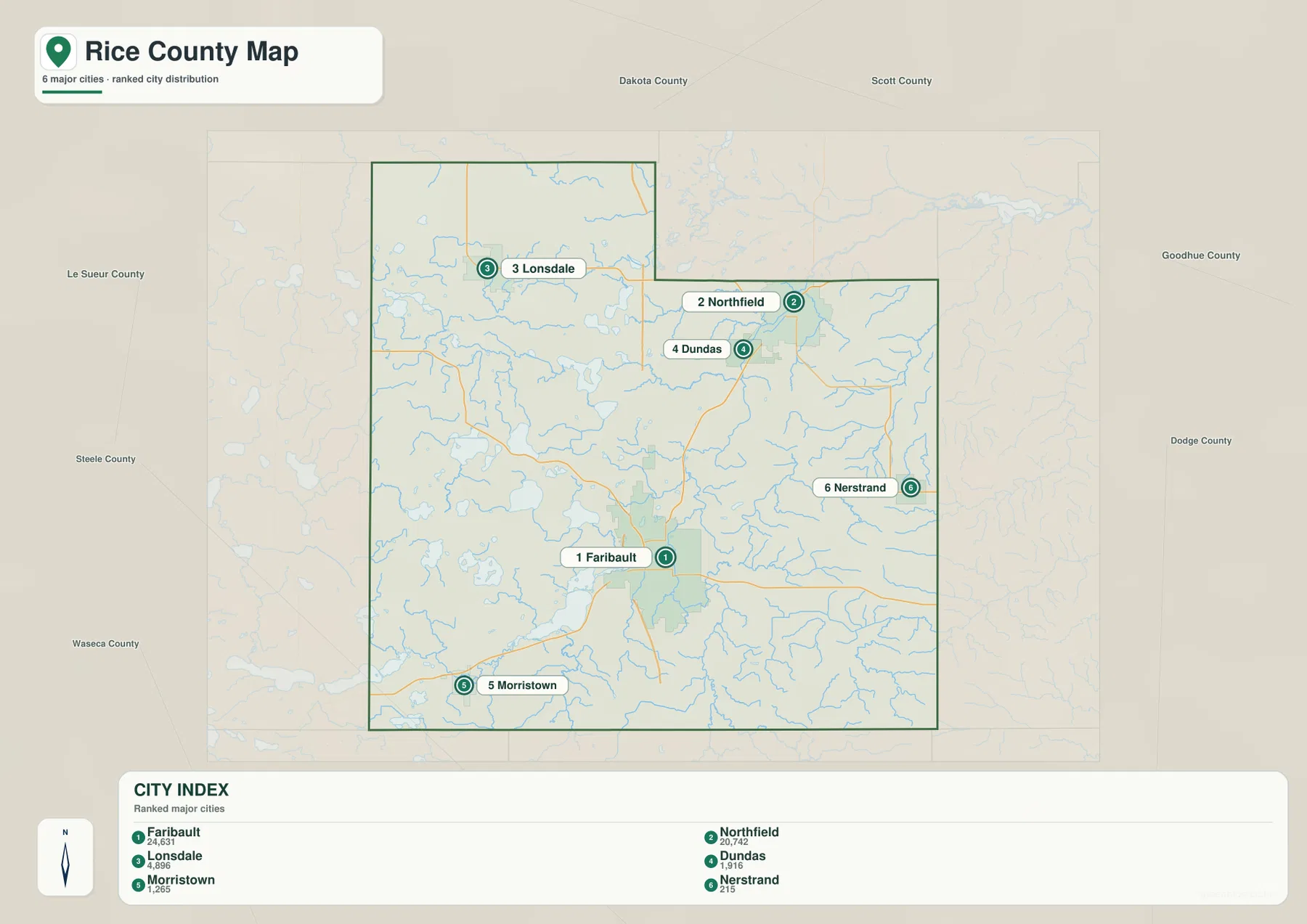 Rice County의 Faribault, Northfield, Lonsdale, Dundas, Morristown, Nerstrand 위치를 보여 주는 도시 지도