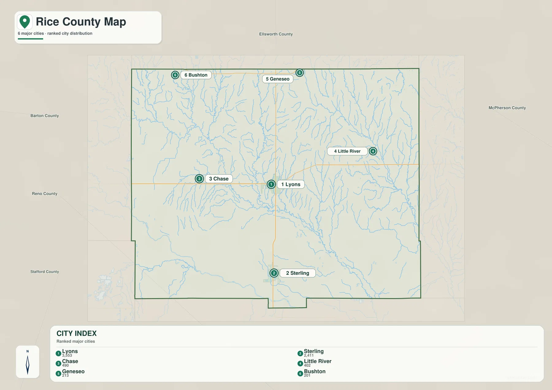 Rice County Kansas city map showing Lyons, Sterling, Chase, Little River, Geneseo and Bushton