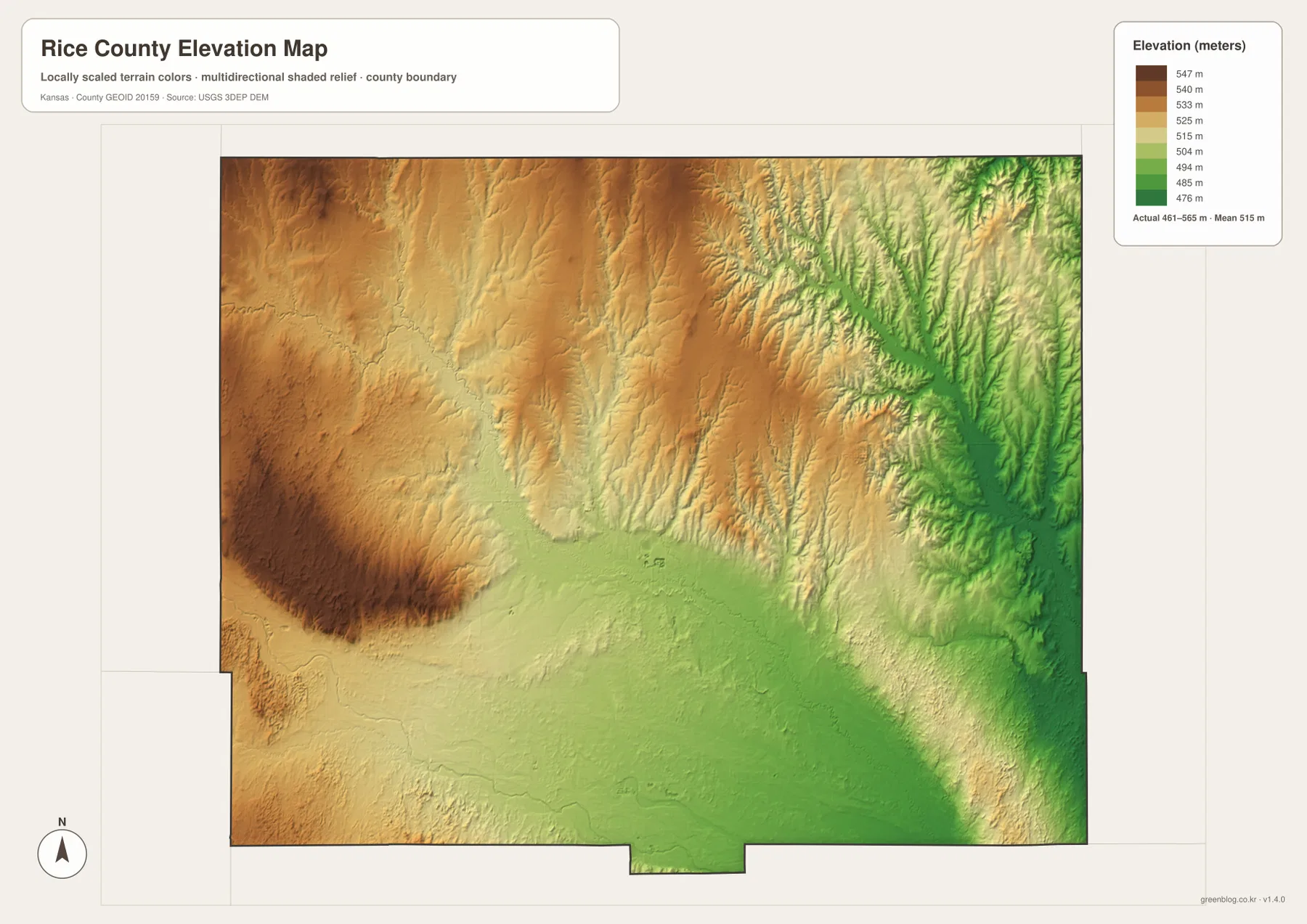 Rice County Kansas elevation map showing 461 to 565 meter relief, higher northwestern uplands and lower Cow Creek and Little Arkansas River valleys