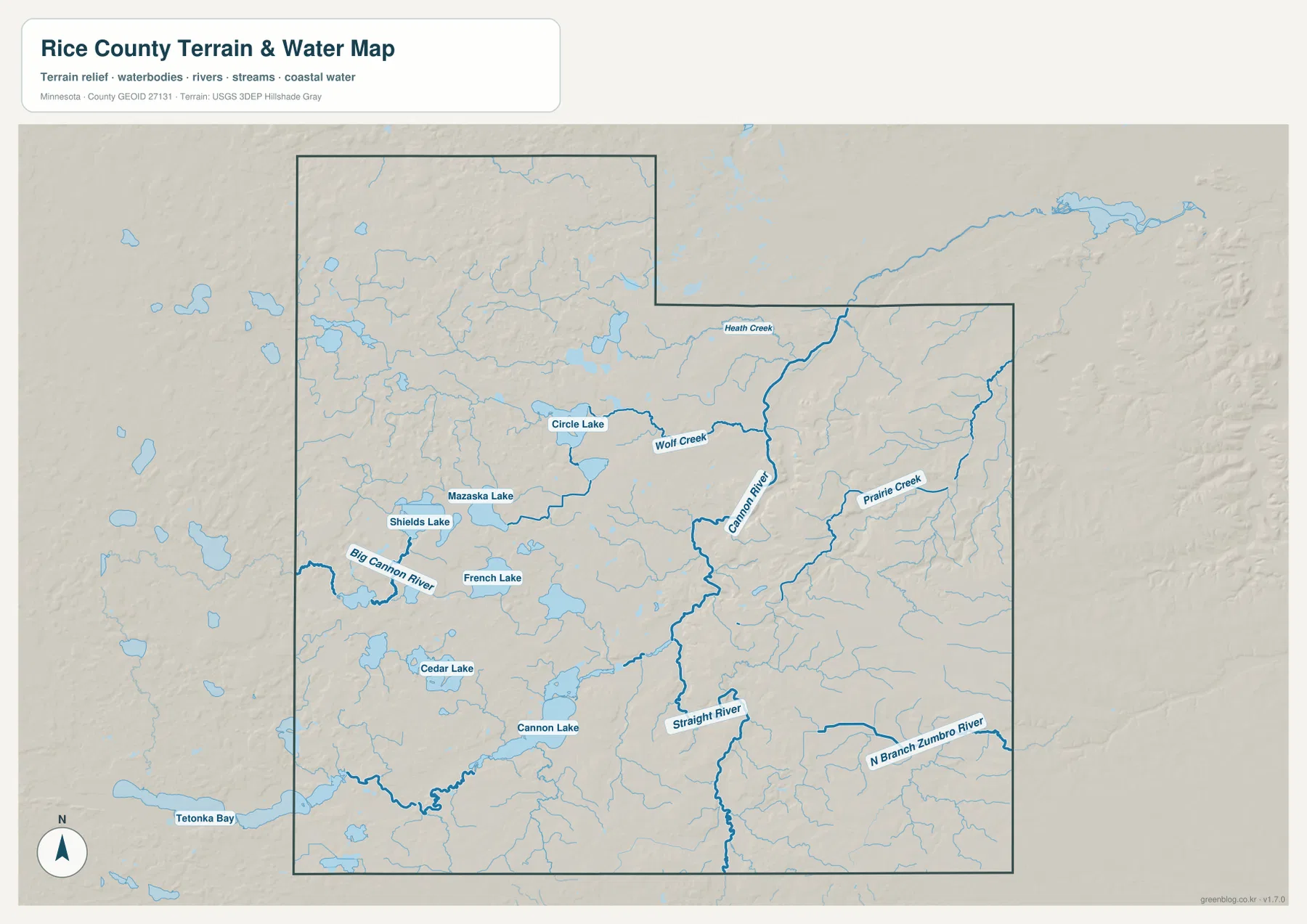 Rice County의 Cannon River, Straight River, Prairie Creek와 Circle Lake, Shields Lake, Cannon Lake를 보여 주는 수역 지도