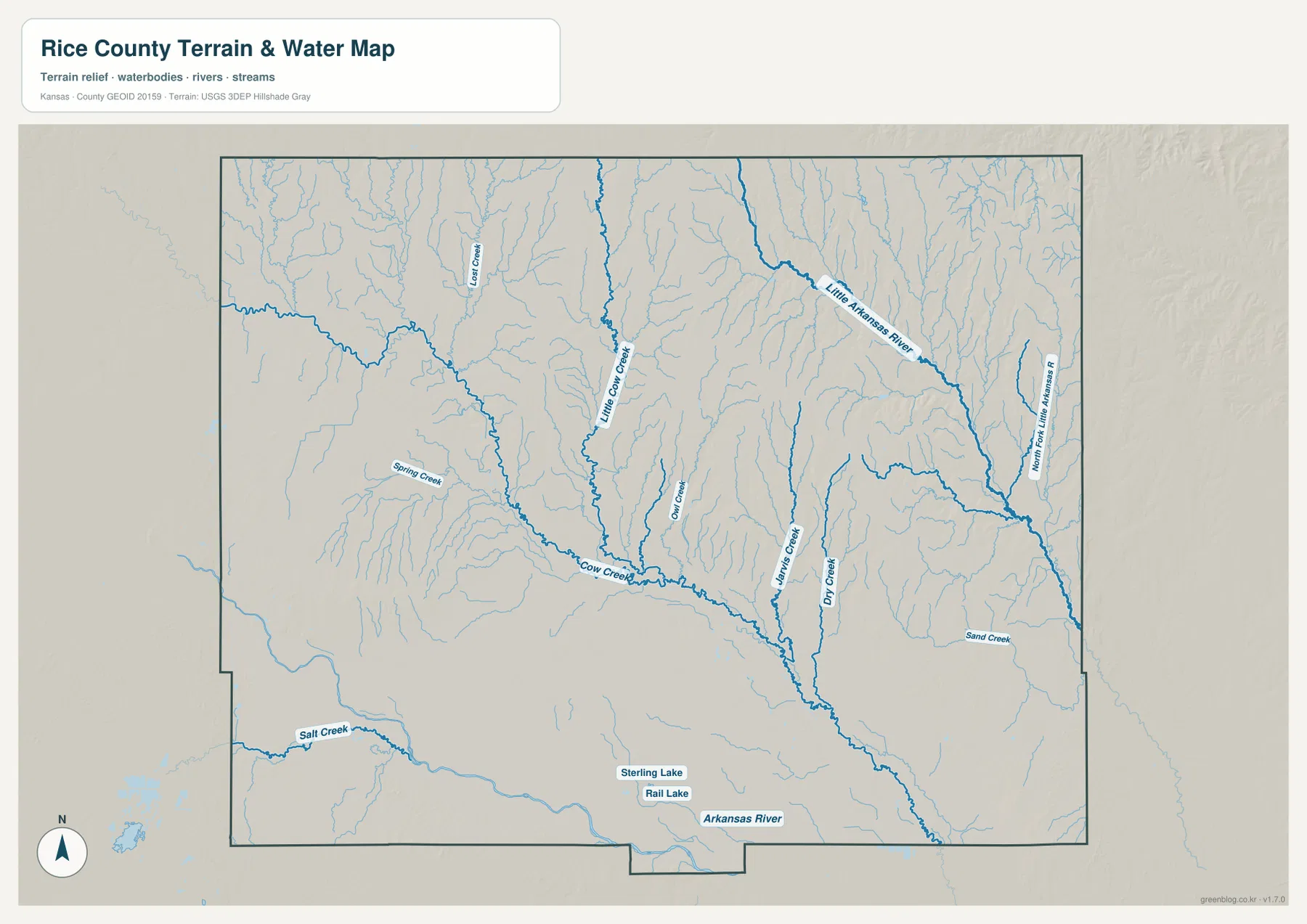 Rice County Kansas terrain and water map showing Cow Creek, Little Cow Creek, Little Arkansas River, North Fork Little Arkansas River and Salt Creek