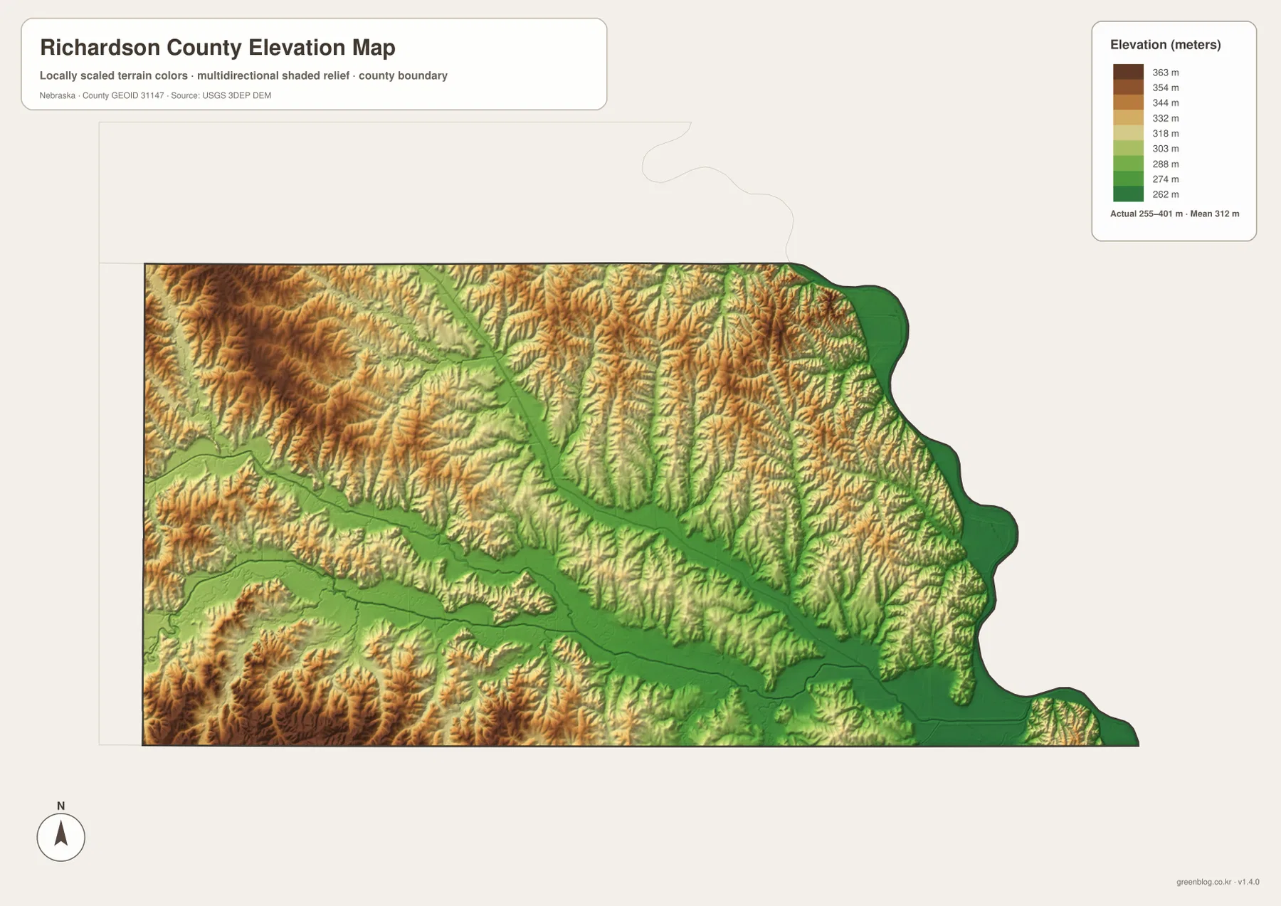 Richardson County elevation map showing high western hills and low Big Nemaha and Missouri River valleys