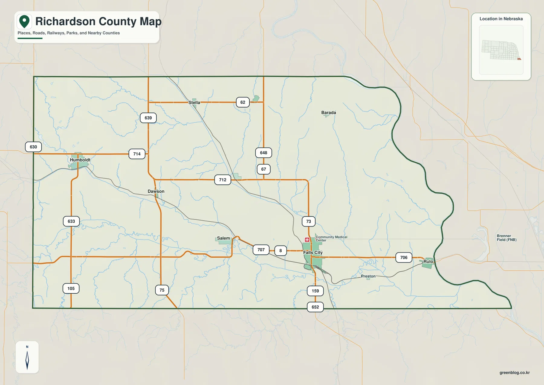 Richardson County map showing Falls City, Humboldt, Shubert, Verdon, Dawson, Rulo and major roads