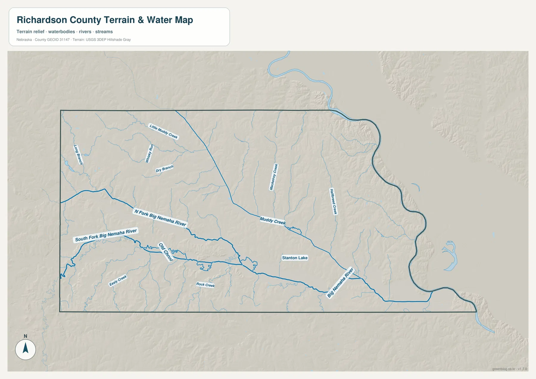 Richardson County water map showing Big Nemaha River, North Fork, South Fork, Muddy Creek and Stanton Lake