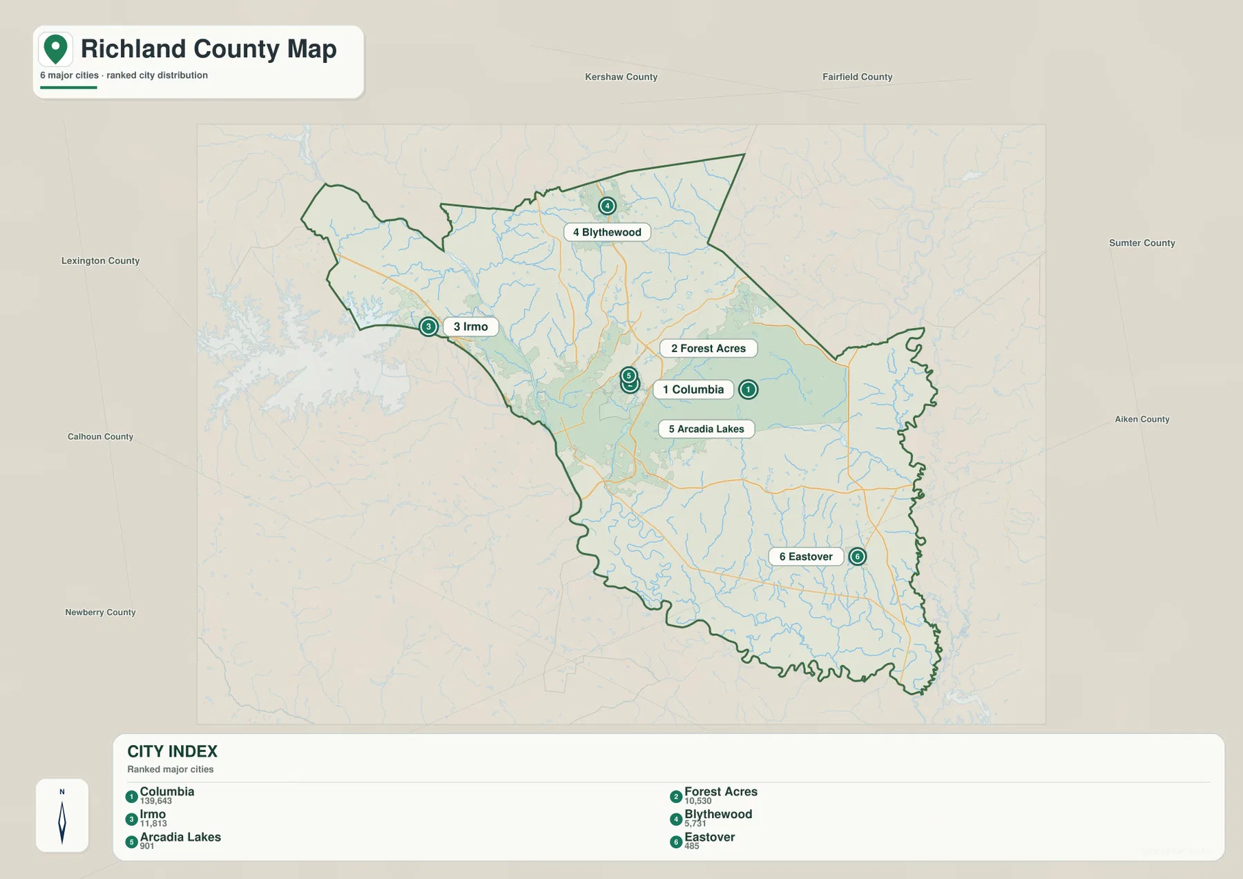 Richland County city map with Columbia, Forest Acres, Irmo, Blythewood, Arcadia Lakes and Eastover