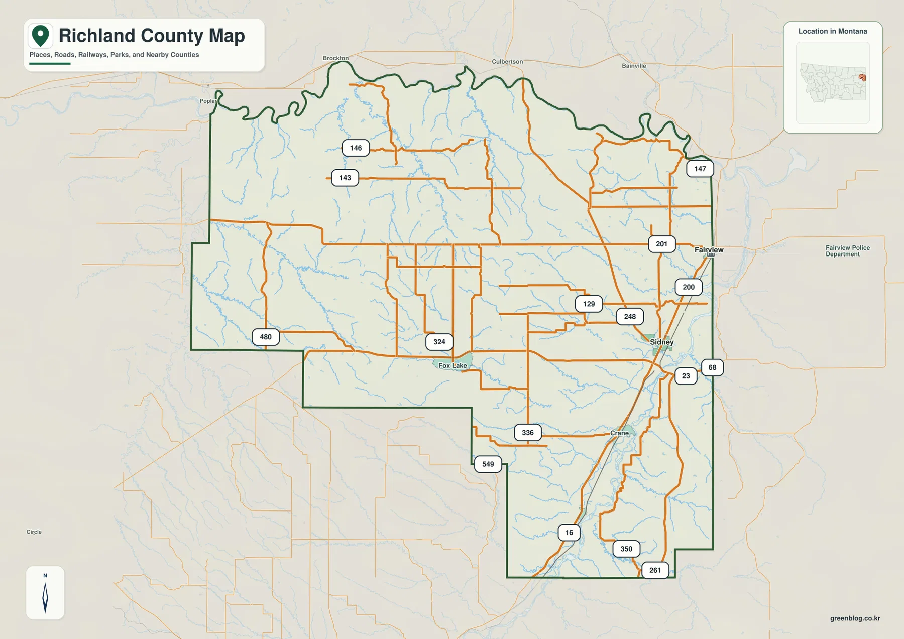 Sidney, Fairview, Crane, Fox Lake와 Route 200, 201, 23, 68, 129, 248, 16번 도로를 표시한 Richland County Montana 지도